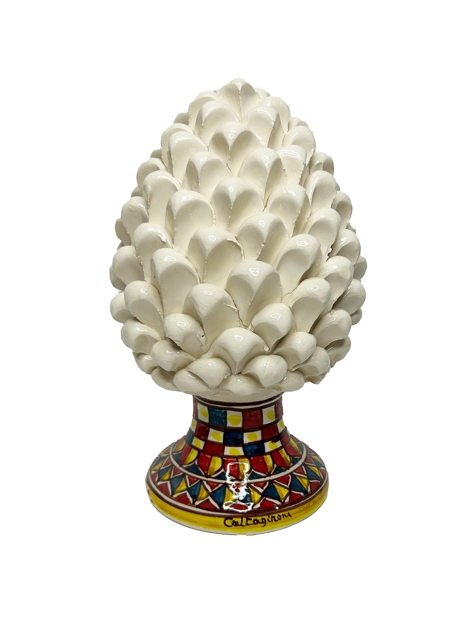 Pigna decorativa in ceramica di Caltagirone dipinta e decorata a mano bianca dec H 25 cm