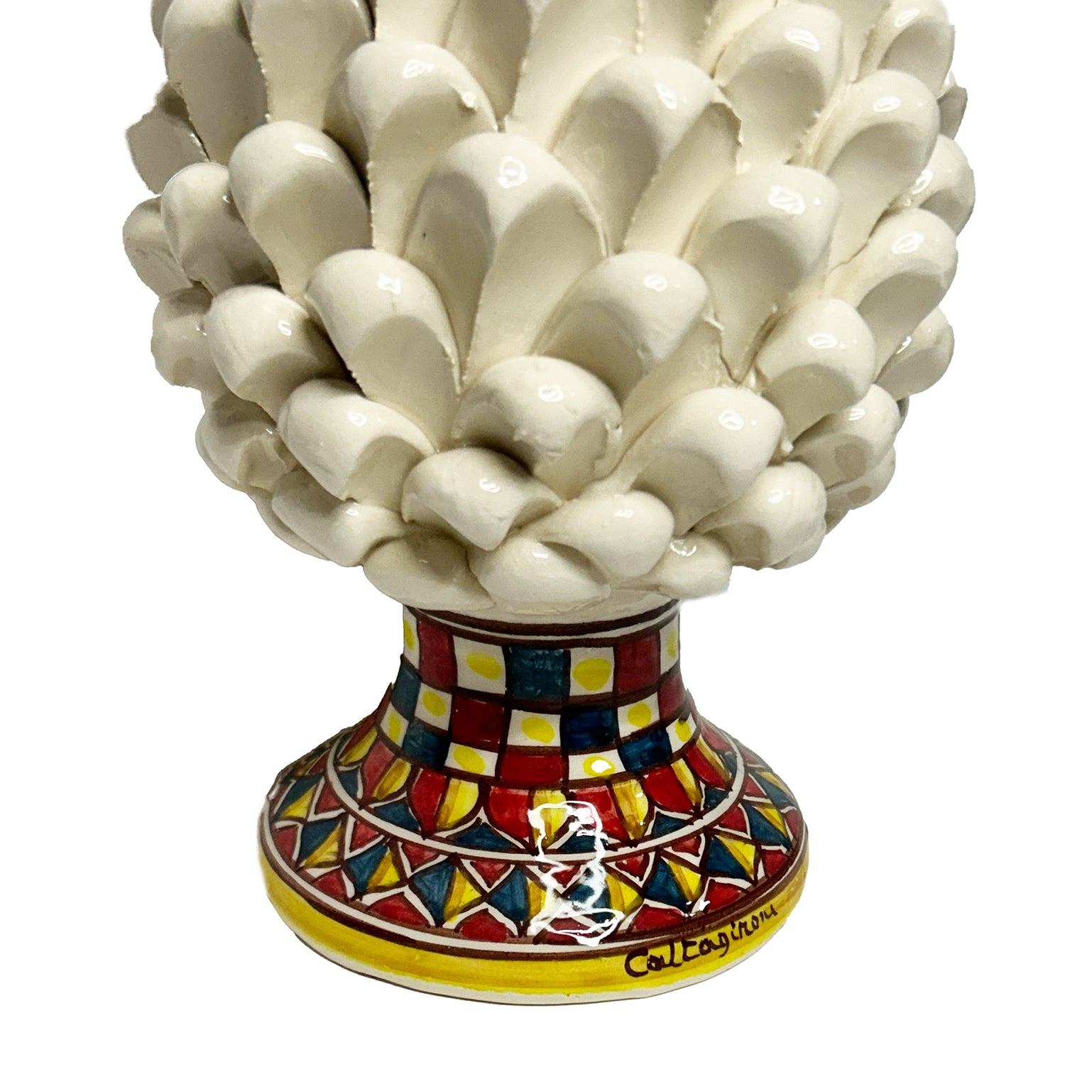 Pigna decorativa in ceramica di Caltagirone dipinta e decorata a mano bianca dec H 25 cm
