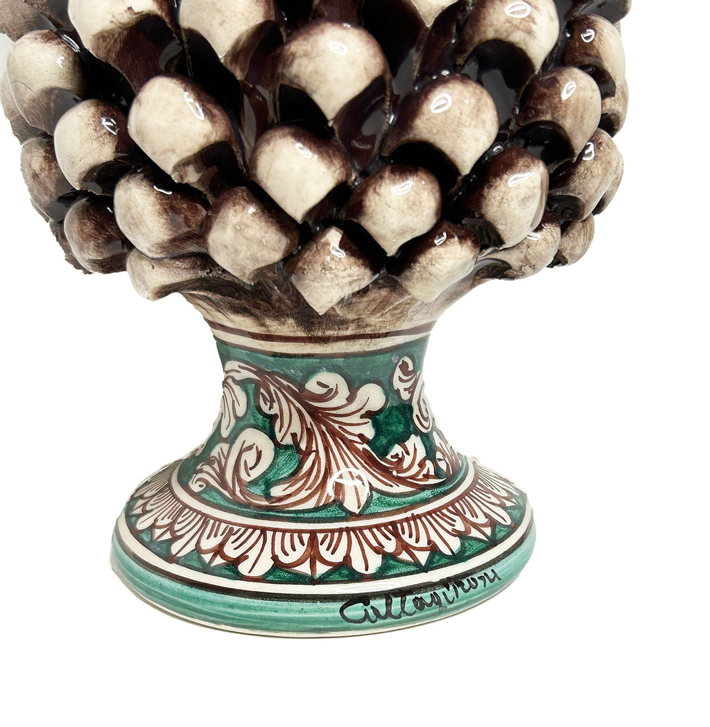 Decorative ceramic pine cone from Caltagirone, hand-painted and decorated, smoky, H 25 cm