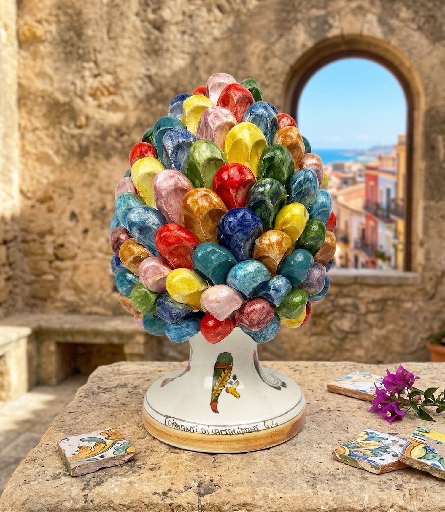 Pigna in ceramica siciliana di Caltagirone dipinta e decorata a mano multicolore carte siciliane H25
