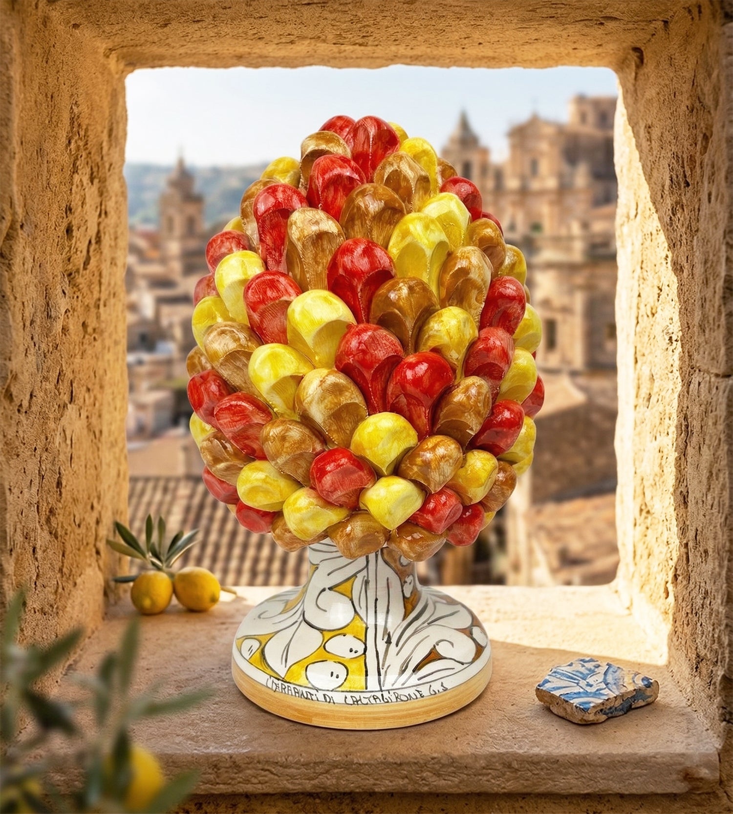 Pigna in ceramica siciliana di Caltagirone dipinta e decorata a mano multicolore giallo H25