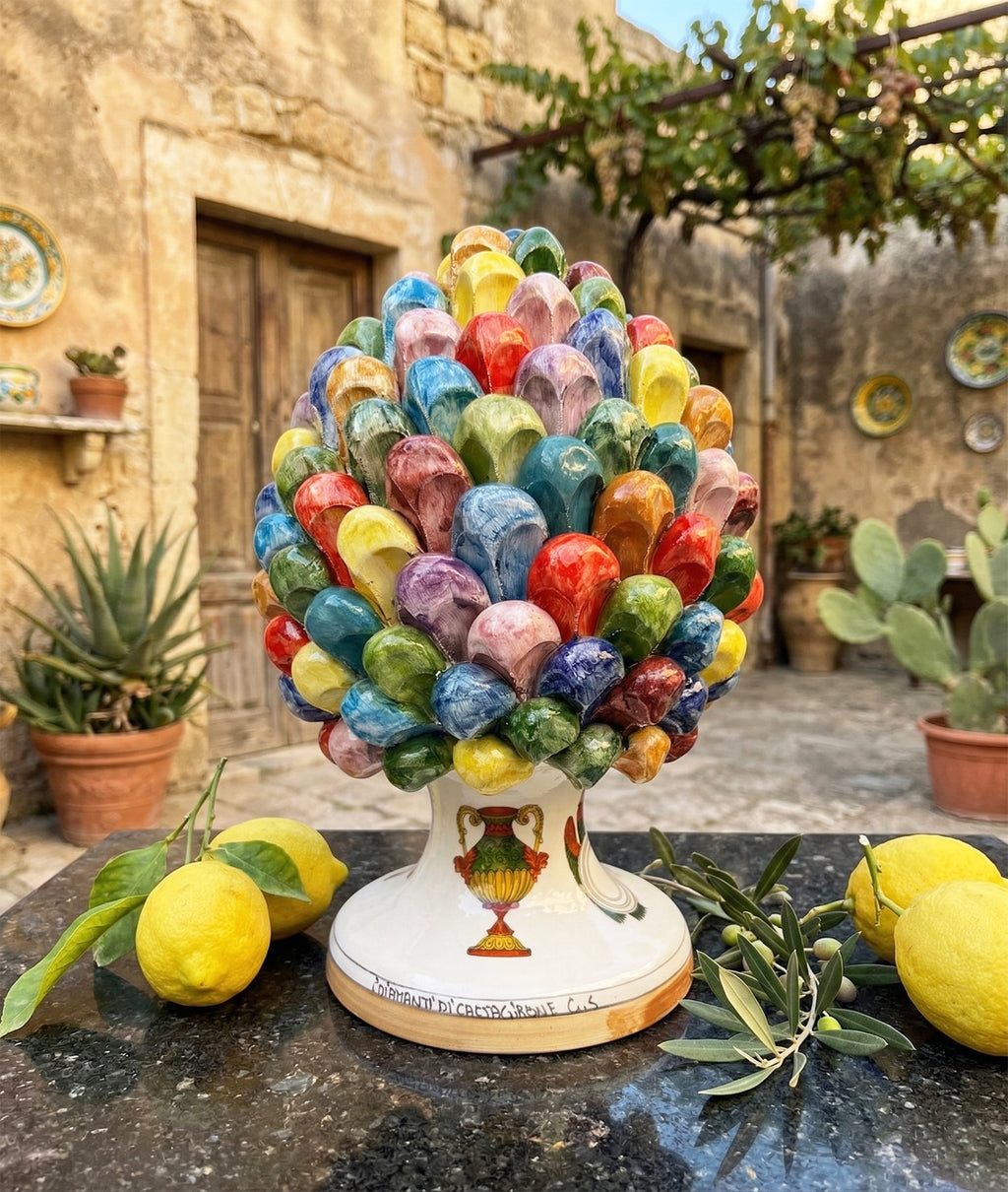 Hand-painted and decorated Sicilian ceramic pine cone from Caltagirone, multicolored Sicilian playing cards, H30
