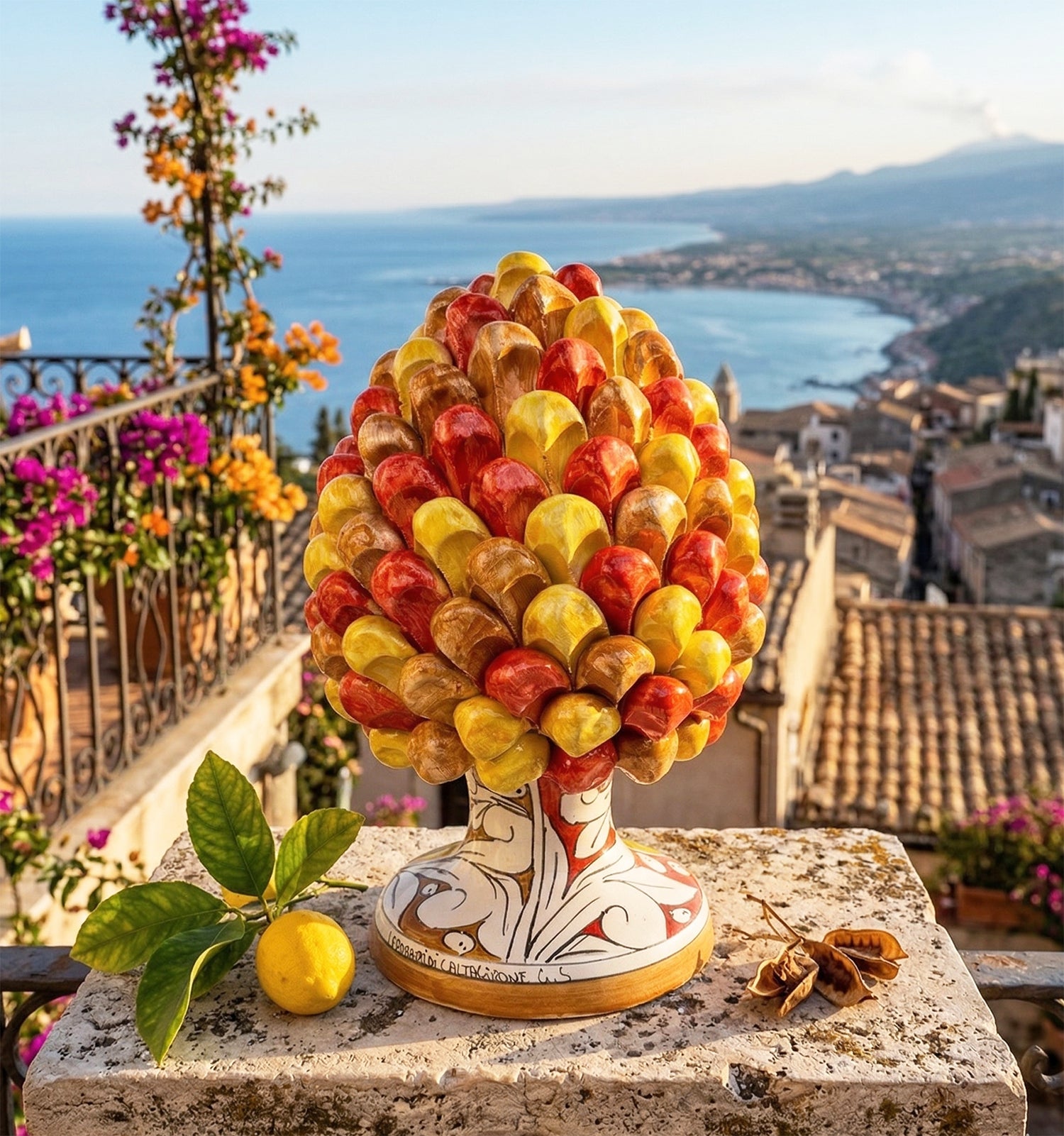 Pigna in ceramica siciliana di Caltagirone dipinta e decorata a mano multicolore giallo H30