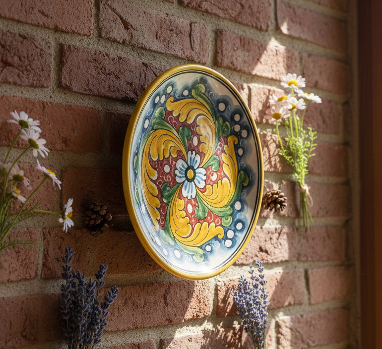 Medium ceramic plate hand decorated by Sicilian ceramists red flower art 13
