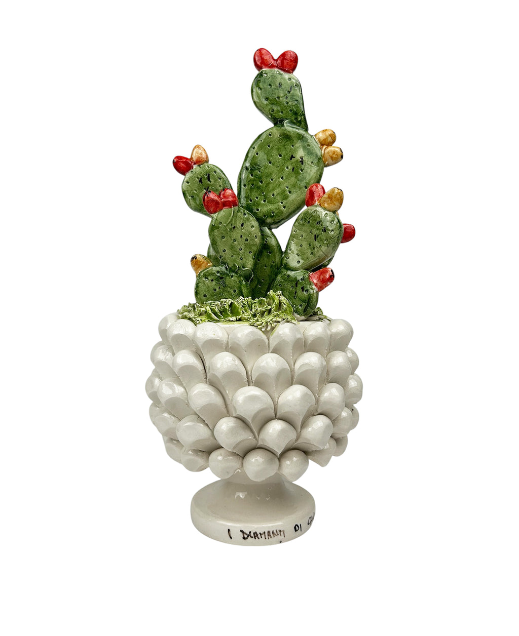Vasetto mezza pigna con piantina ficodindia in ceramica di Caltagirone