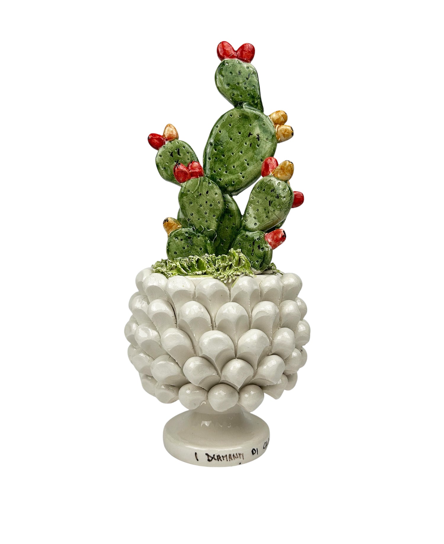 Vasetto mezza pigna con piantina ficodindia in ceramica di Caltagirone