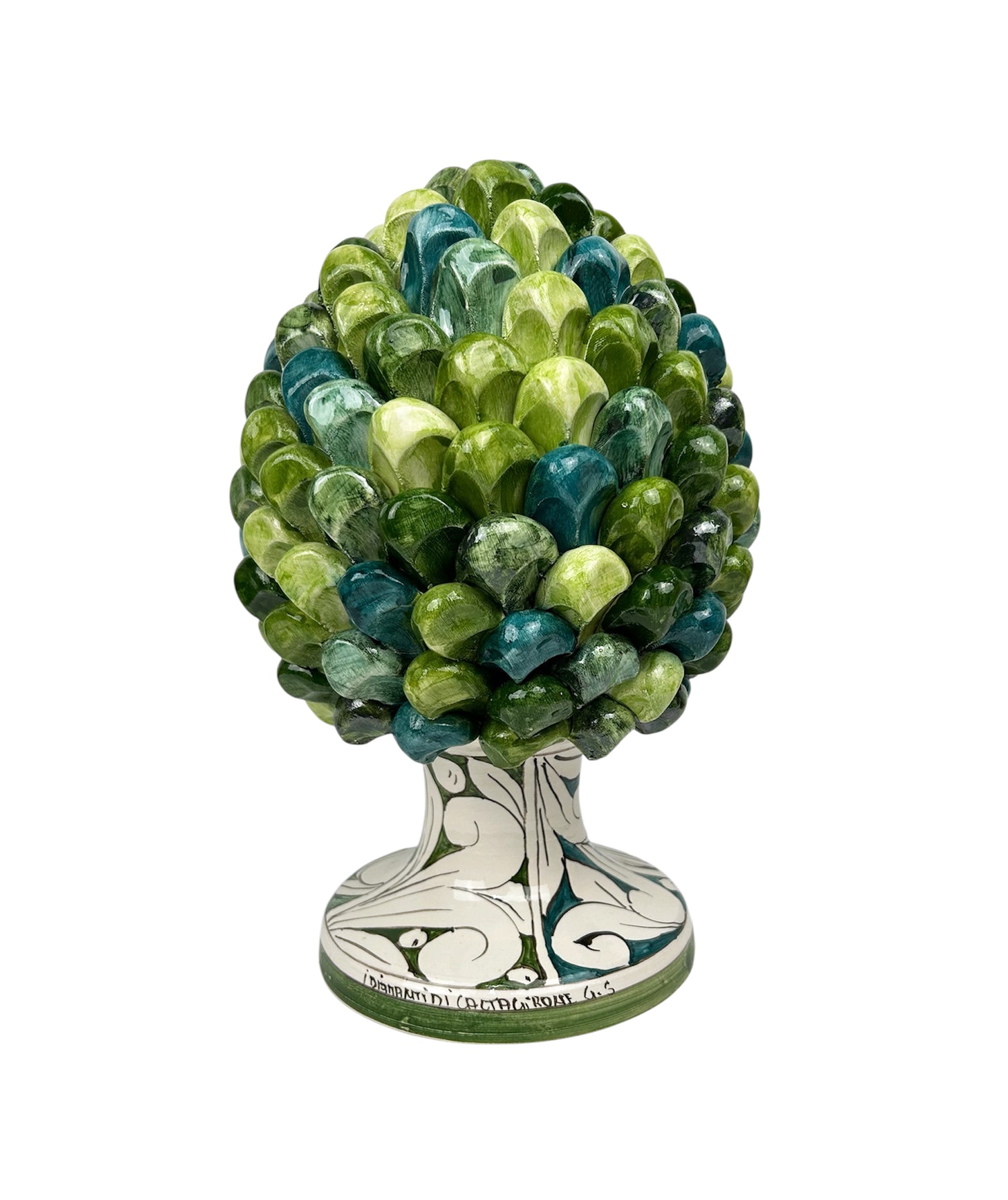 Pigna in ceramica siciliana di Caltagirone dipinta e decorata a mano multicolore verde H30