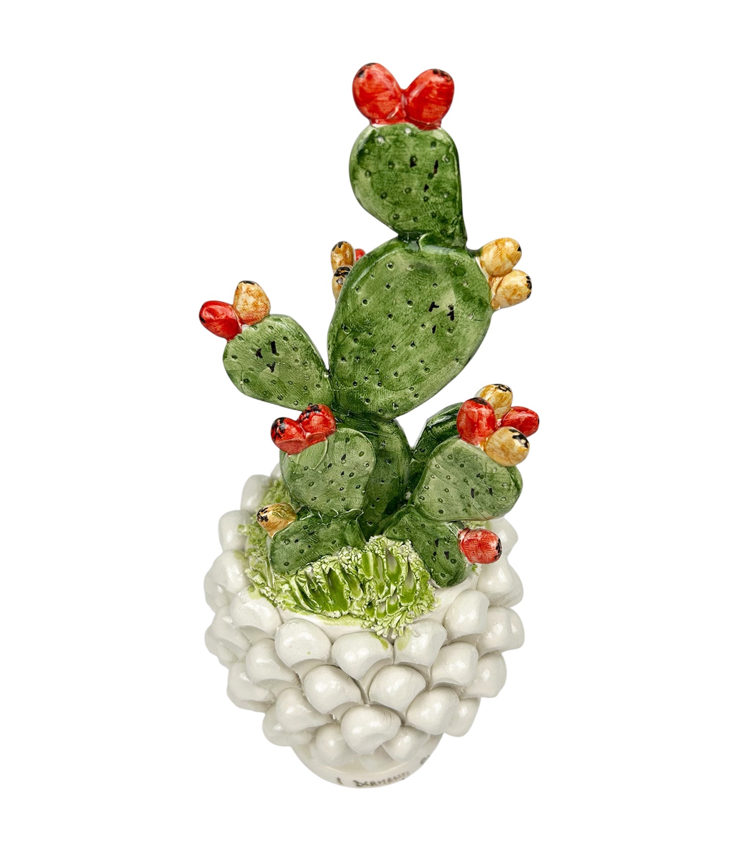 Vasetto mezza pigna con piantina ficodindia in ceramica di Caltagirone