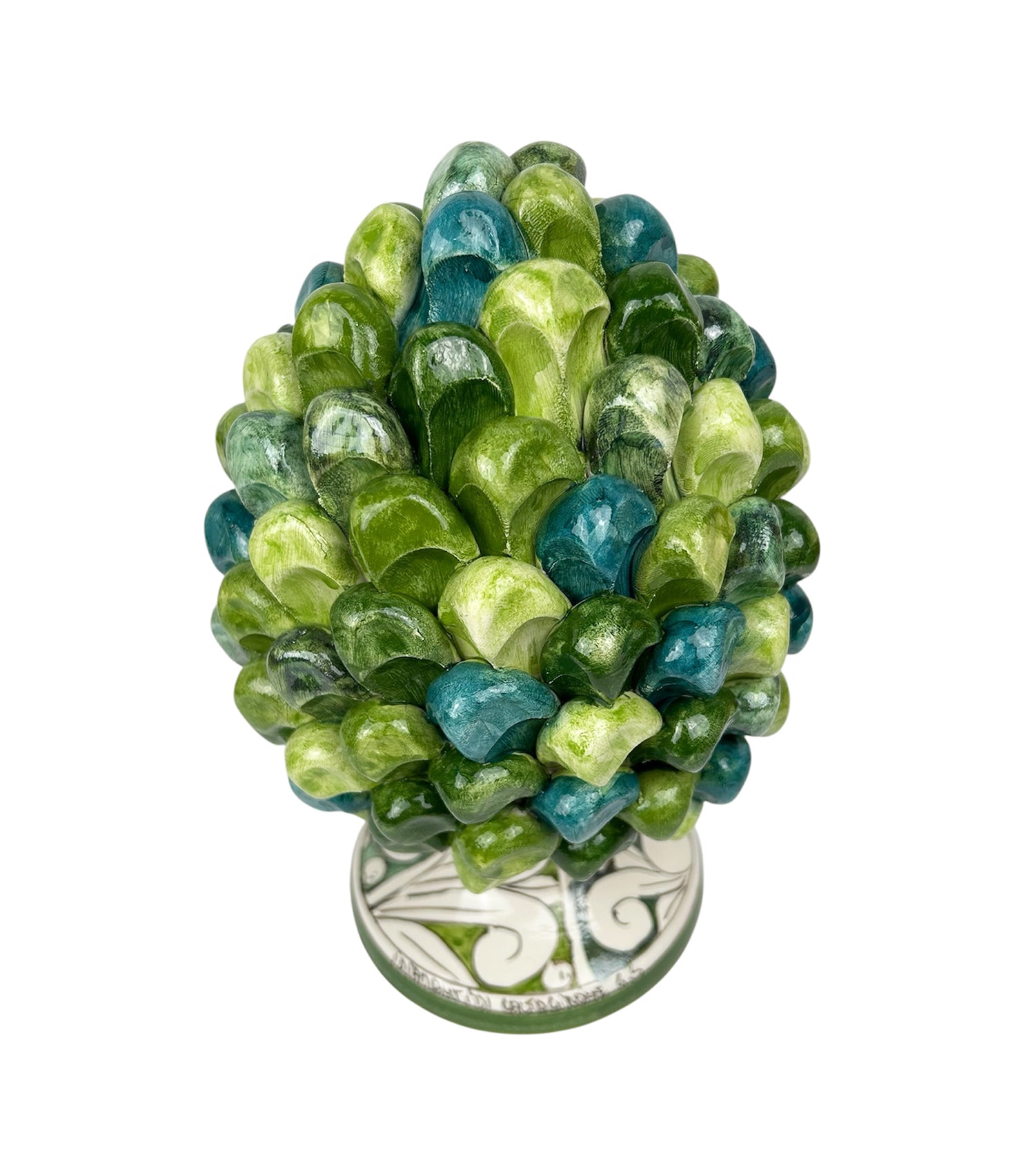 Pigna in ceramica siciliana di Caltagirone dipinta e decorata a mano multicolore verde H25