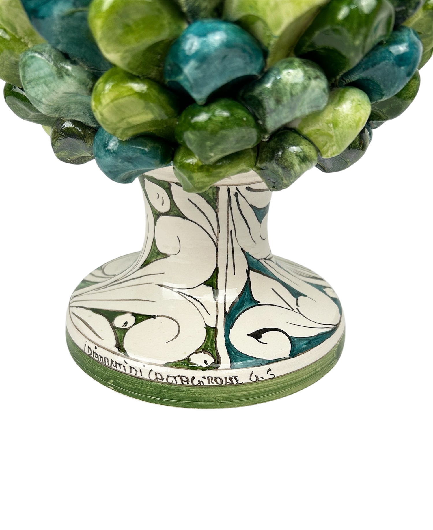 Pigna in ceramica siciliana di Caltagirone dipinta e decorata a mano multicolore verde H30