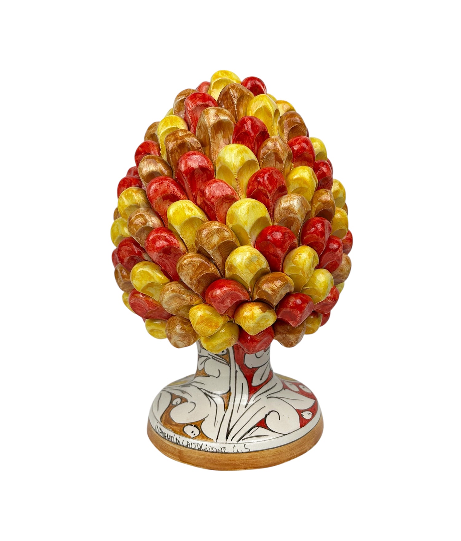 Pigna in ceramica siciliana di Caltagirone dipinta e decorata a mano multicolore giallo H30