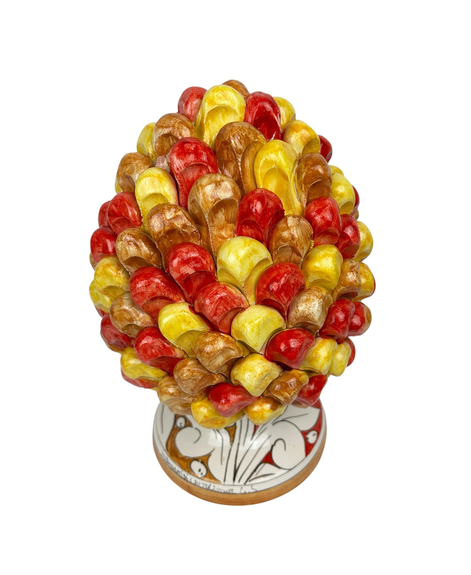 Pigna in ceramica siciliana di Caltagirone dipinta e decorata a mano multicolore giallo H30