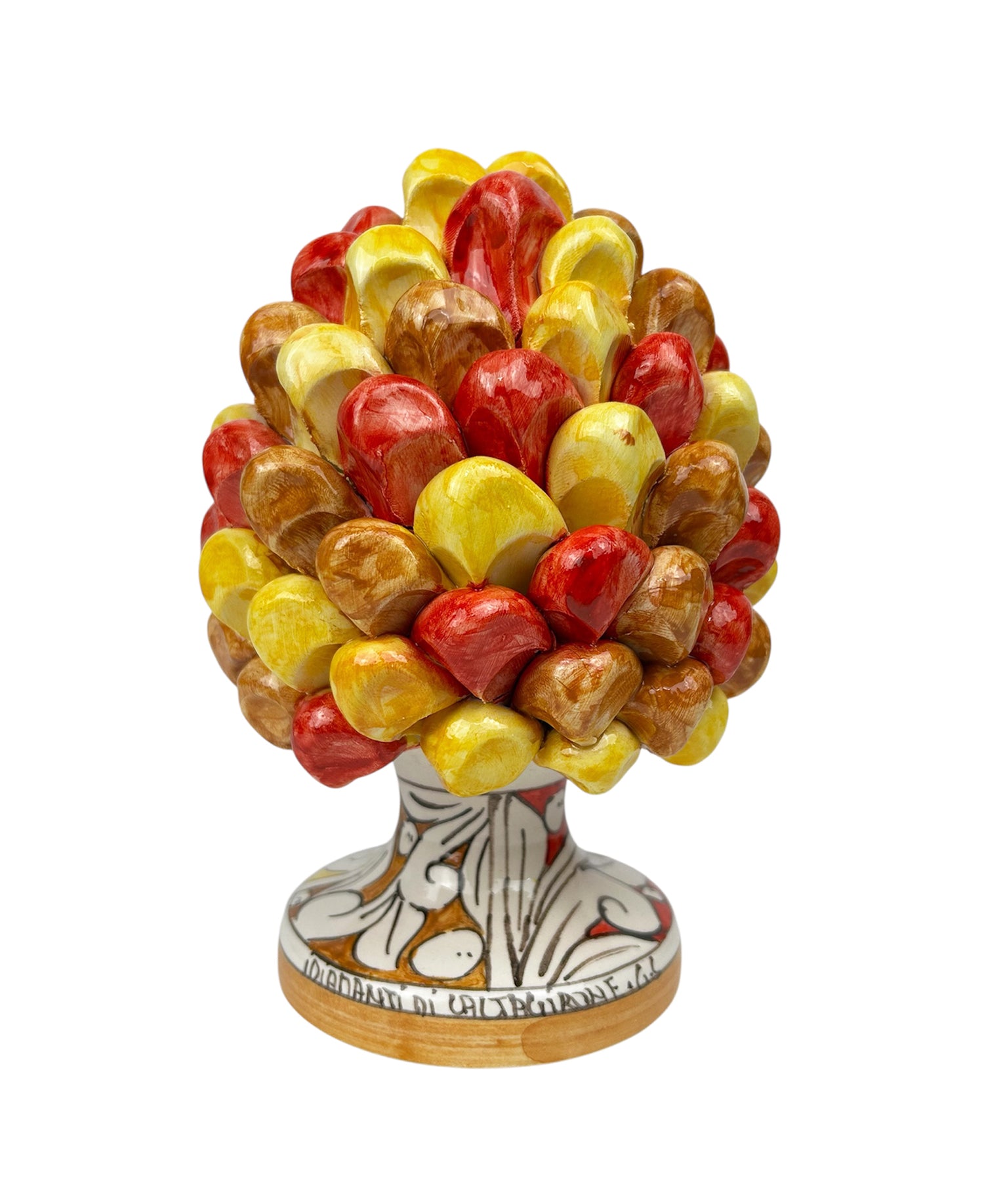 Pigna in ceramica siciliana di Caltagirone dipinta e decorata a mano multicolore giallo H20