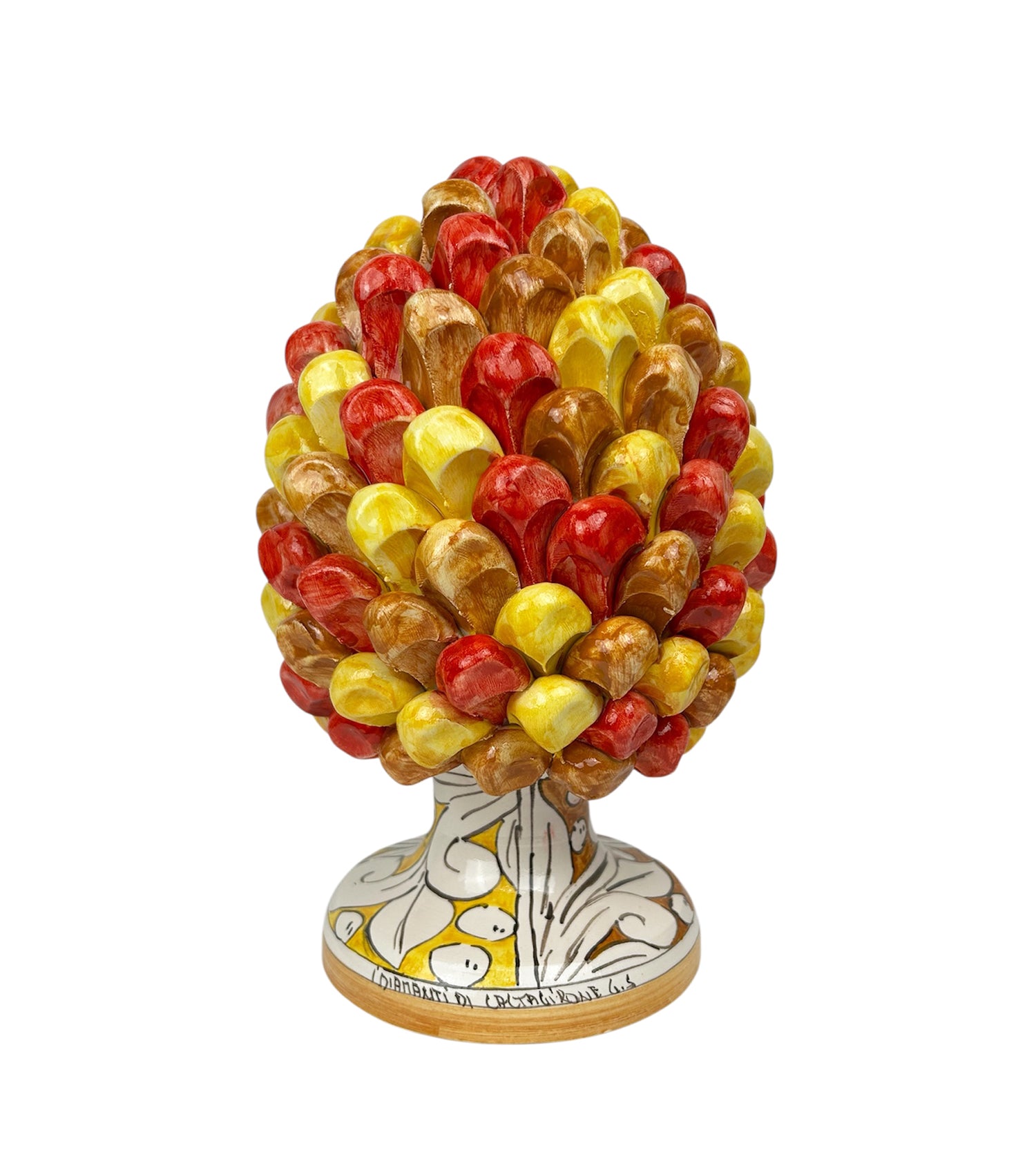 Pigna in ceramica siciliana di Caltagirone dipinta e decorata a mano multicolore giallo H25
