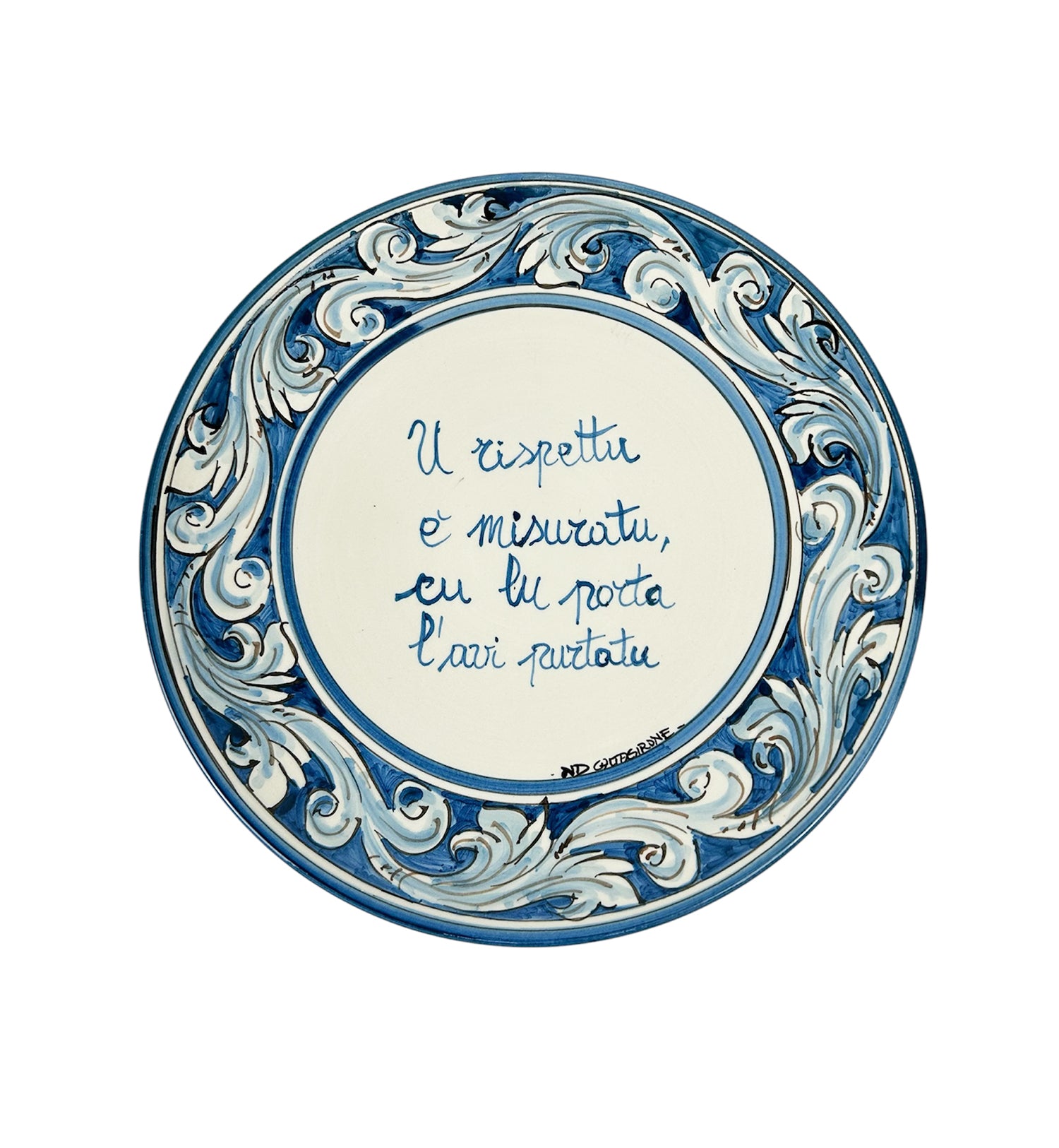 Piatto in ceramica Siciliana di Caltagirone con frase proverbio siciliano decorato a mano art. blu