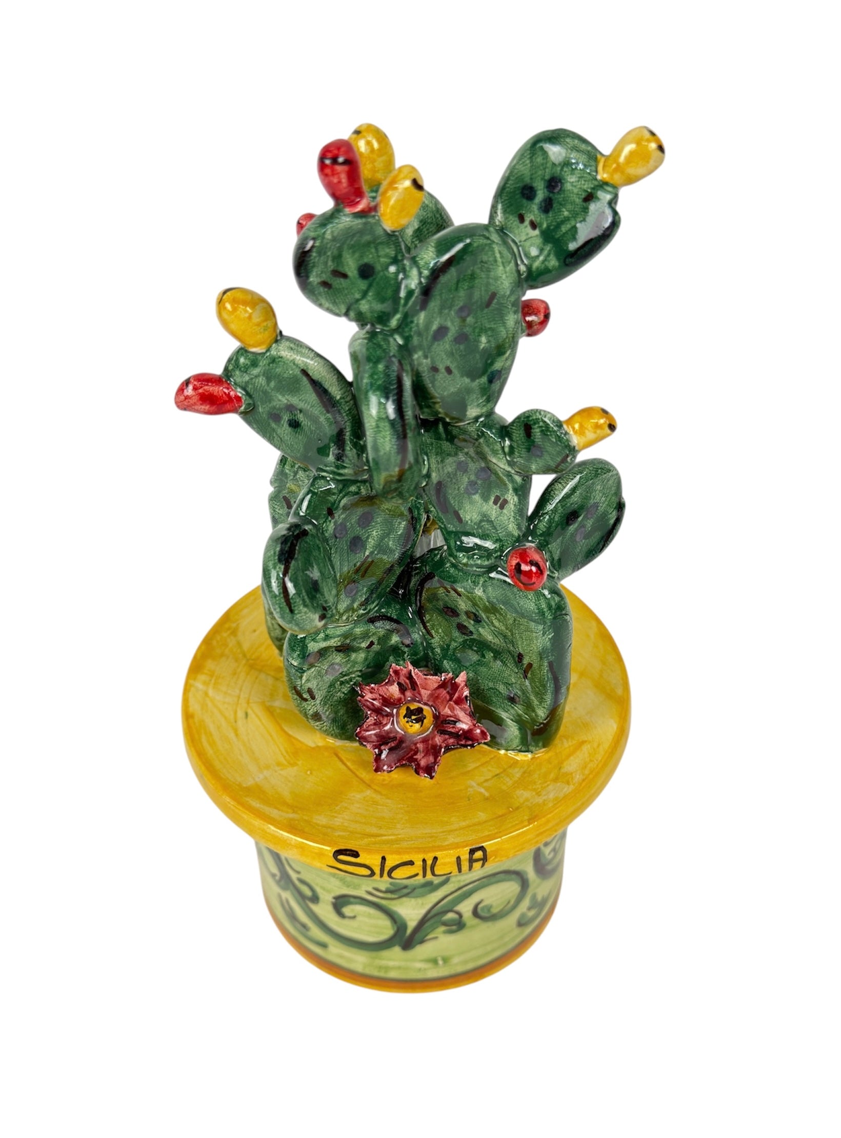 Vasetto piantina ficodindia in ceramica di Caltagirone realizzato a mano art. giallo