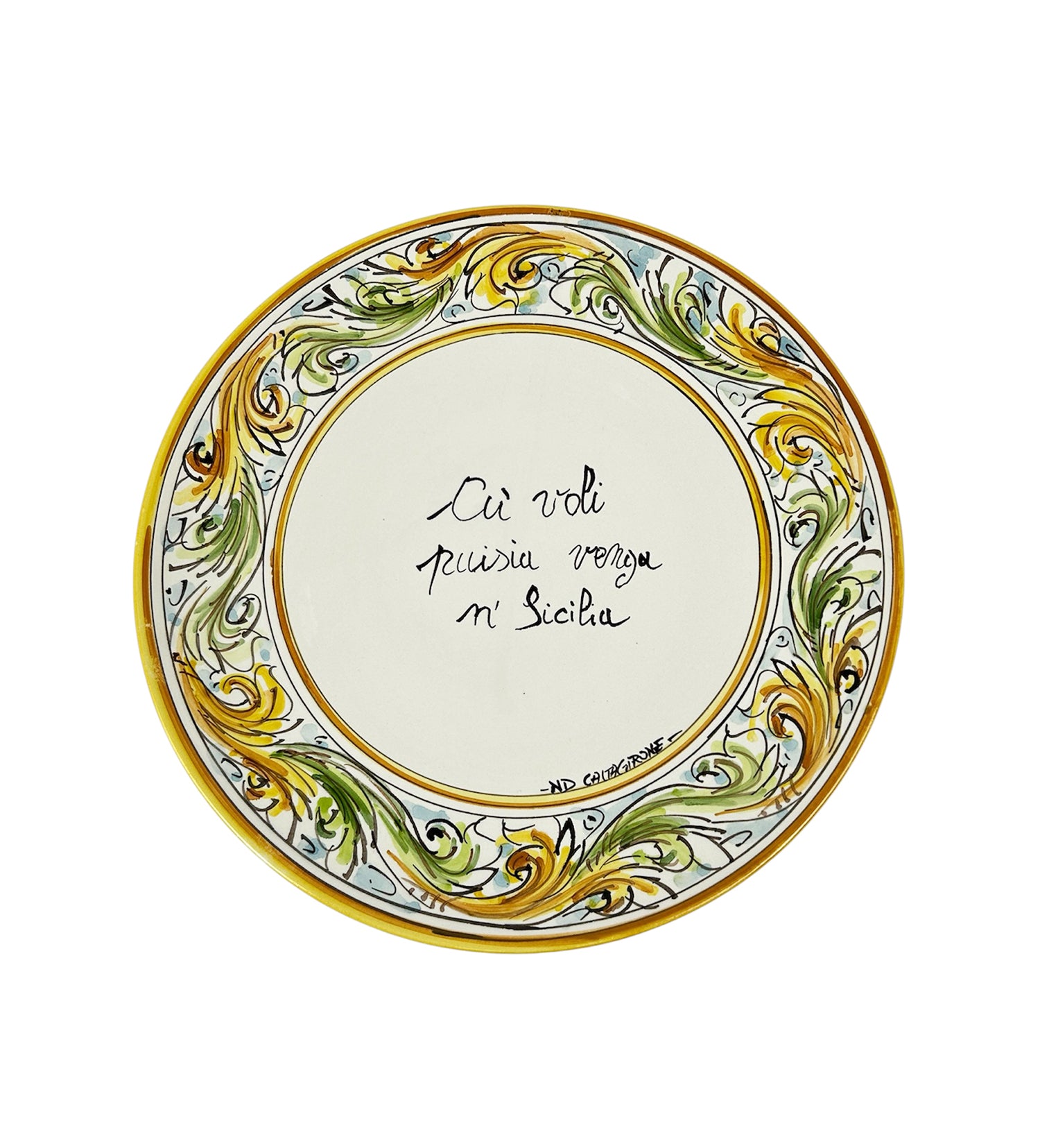 Piatto in ceramica Siciliana di Caltagirone con frase proverbio siciliano decorato a mano art. giallo