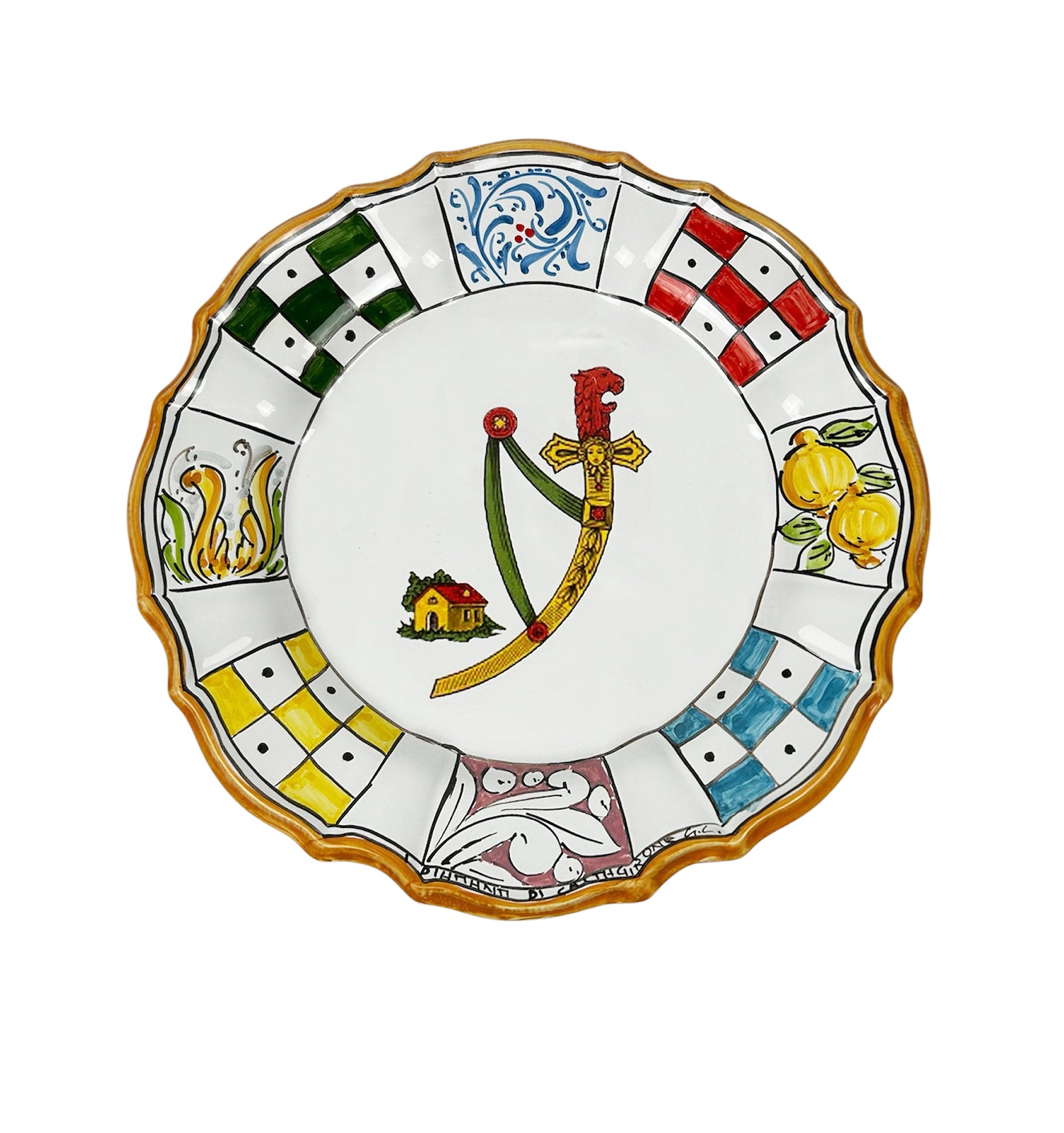 Piatto in Ceramica Decorato a Mano Carte Siciliane Multicolore Stile Tradizionale Siciliano Di Caltagirone Spade