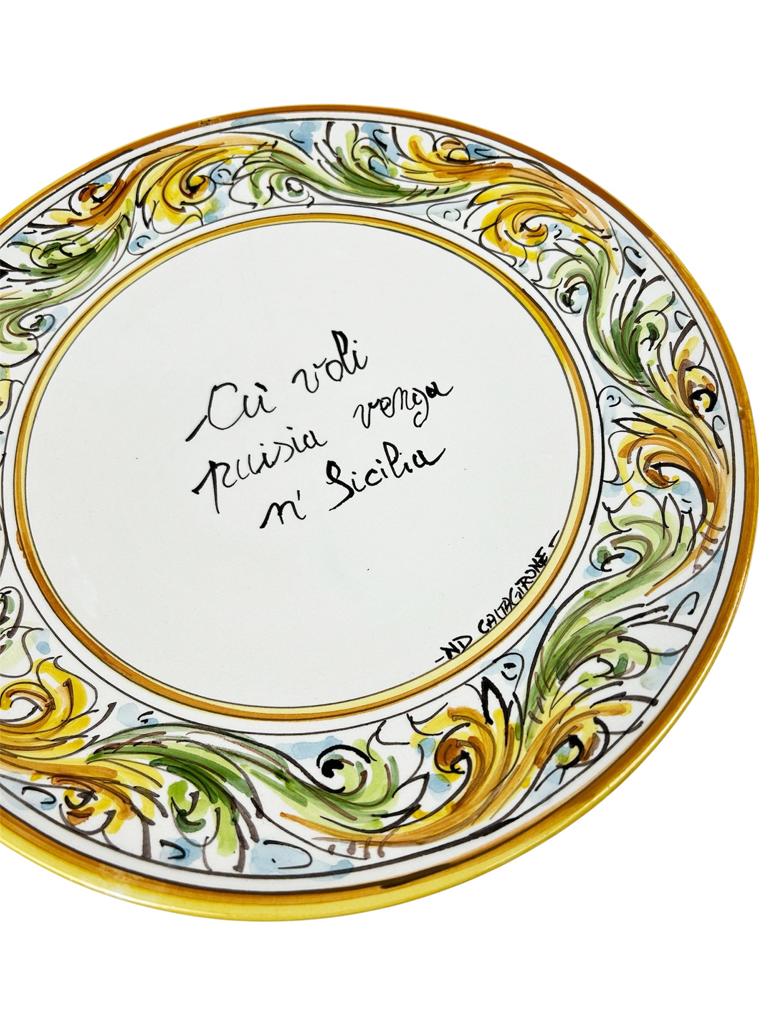 Piatto in ceramica Siciliana di Caltagirone con frase proverbio siciliano decorato a mano art. giallo