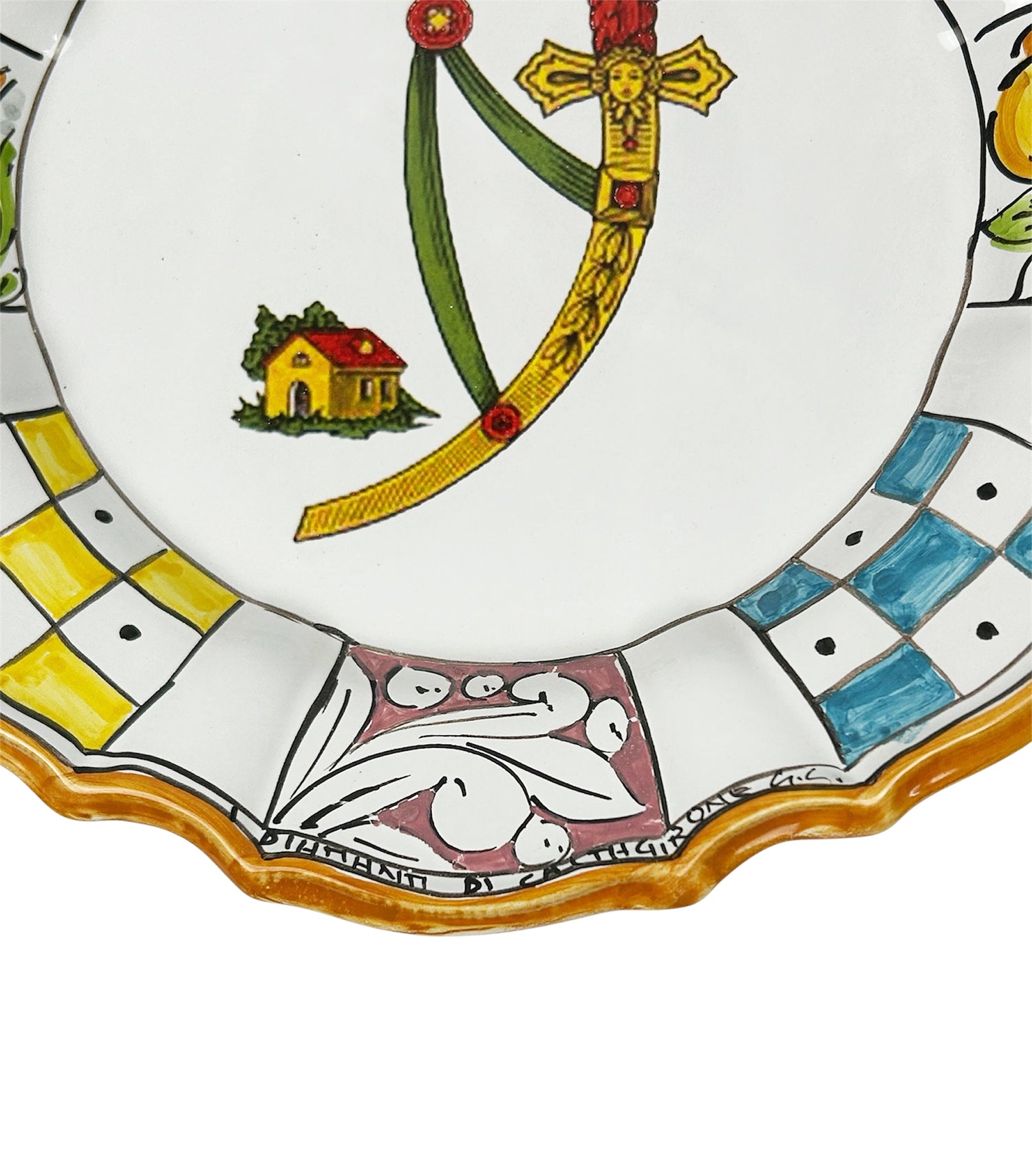 Piatto in Ceramica Decorato a Mano Carte Siciliane Multicolore Stile Tradizionale Siciliano Di Caltagirone Spade