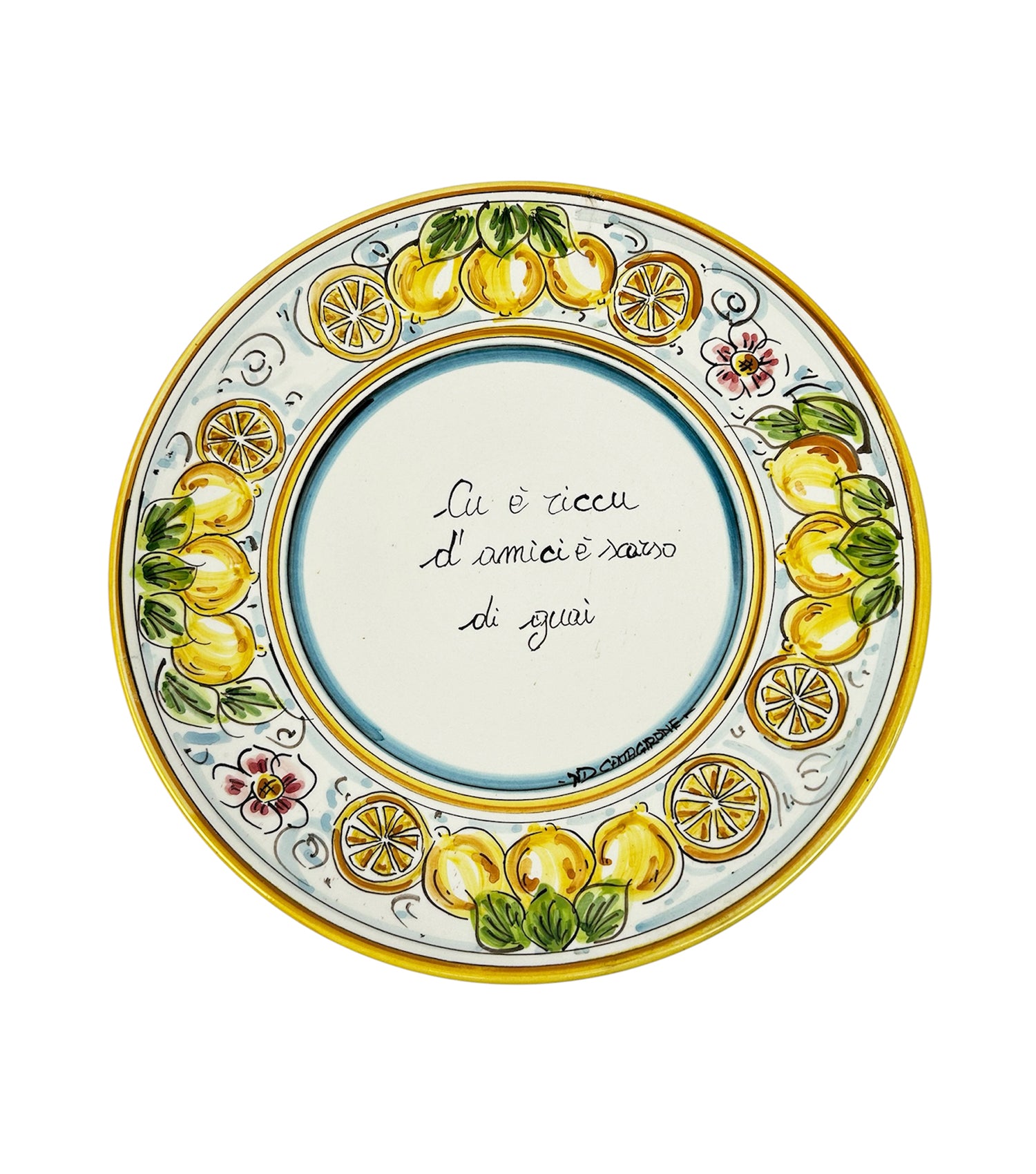 Piatto in ceramica Siciliana di Caltagirone con frase proverbio siciliano decorato a mano art. limoni