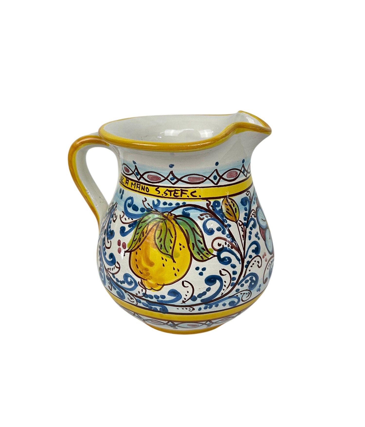 Caraffa in ceramica siciliana boccale realizzato e decorato a mano art. Fiore limoni 1 LT