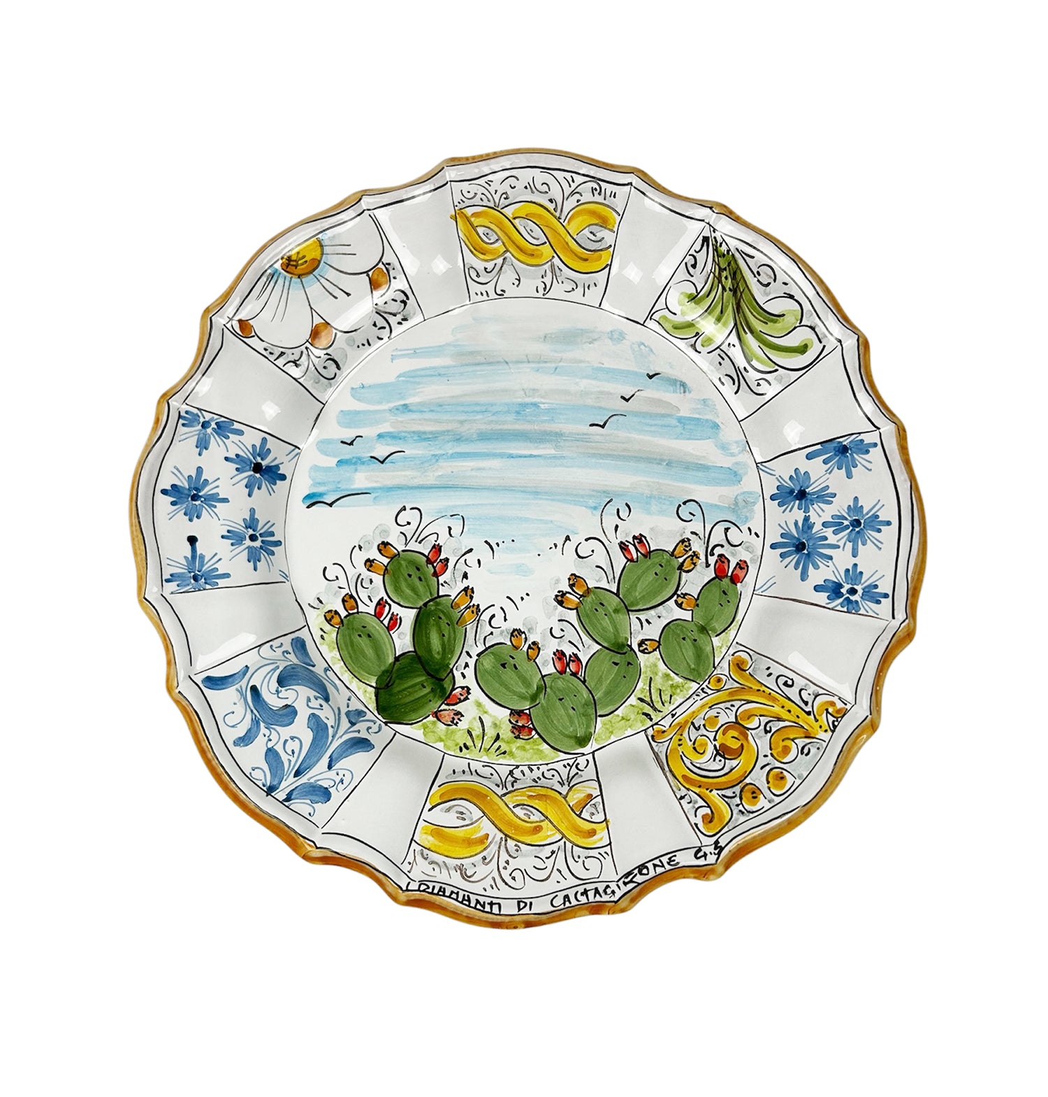 Piatto in Ceramica Decorato a Mano Ficodindia Multicolore Stile Tradizionale Siciliano Di Caltagirone
