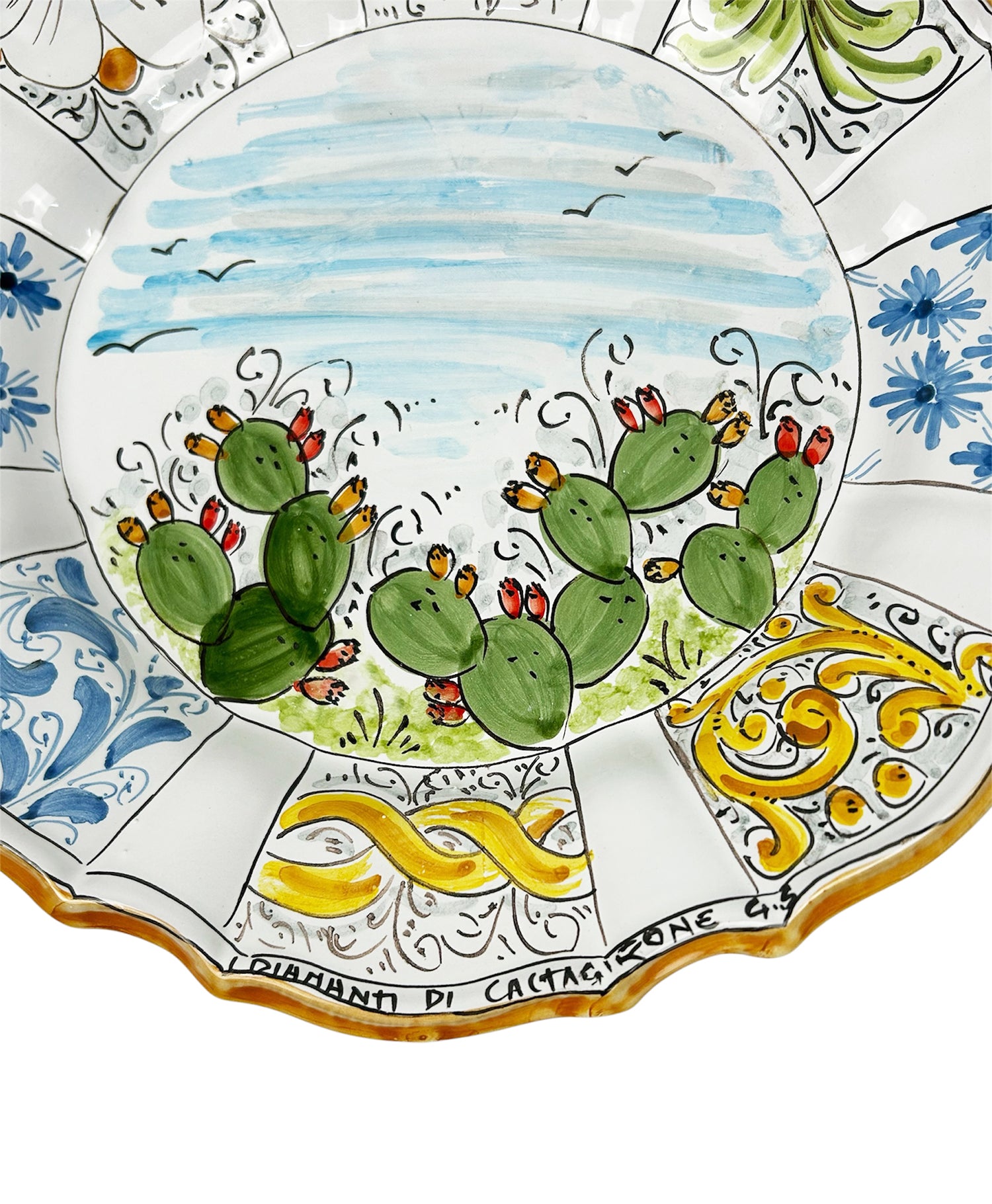 Piatto in Ceramica Decorato a Mano Ficodindia Multicolore Stile Tradizionale Siciliano Di Caltagirone
