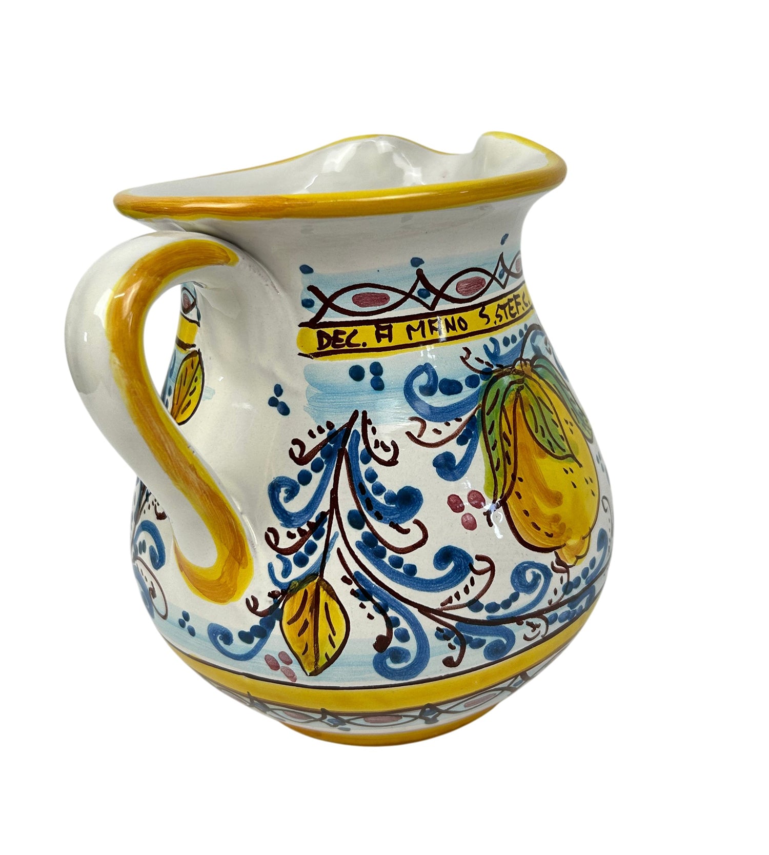 Caraffa in ceramica siciliana boccale realizzato e decorato a mano art. Fiore limoni 1 LT