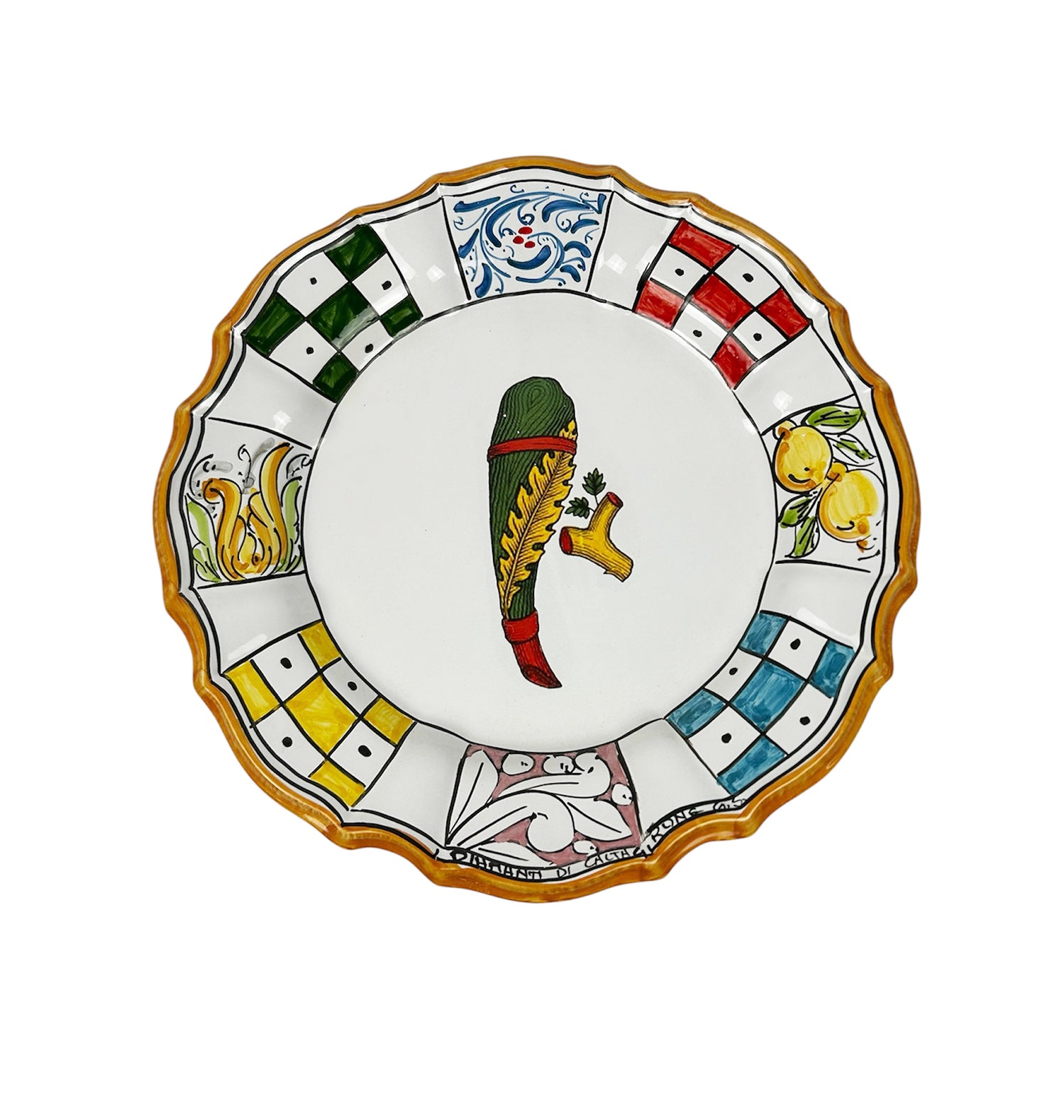 Piatto in Ceramica Decorato a Mano Carte Siciliane Multicolore Stile Tradizionale Siciliano Di Caltagirone Bastoni
