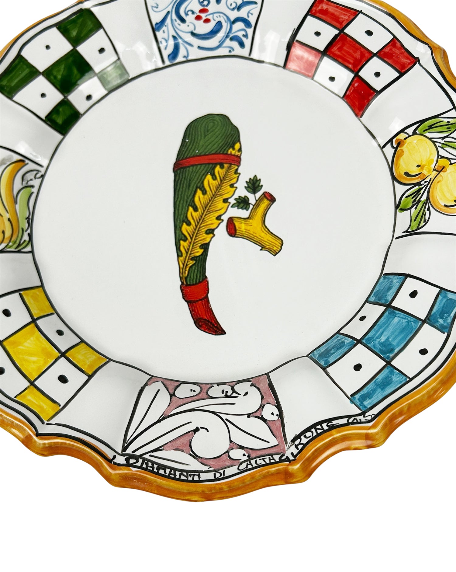 Piatto in Ceramica Decorato a Mano Carte Siciliane Multicolore Stile Tradizionale Siciliano Di Caltagirone Bastoni