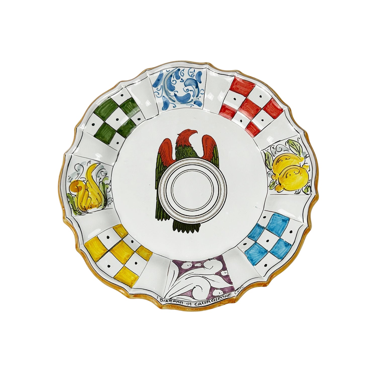 Piatto in Ceramica Decorato a Mano Carte Siciliane Multicolore Stile Tradizionale Siciliano Di Caltagirone Denari