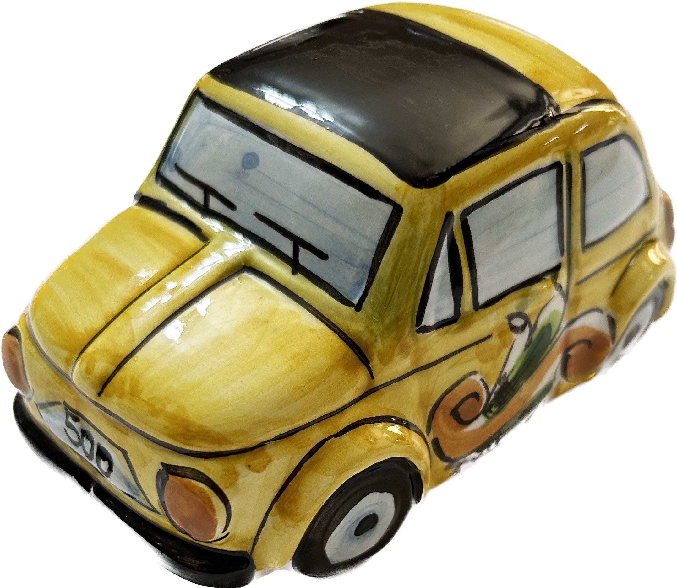 Auto 500 in ceramica siciliana di caltagirone realizzata e decorata a mano