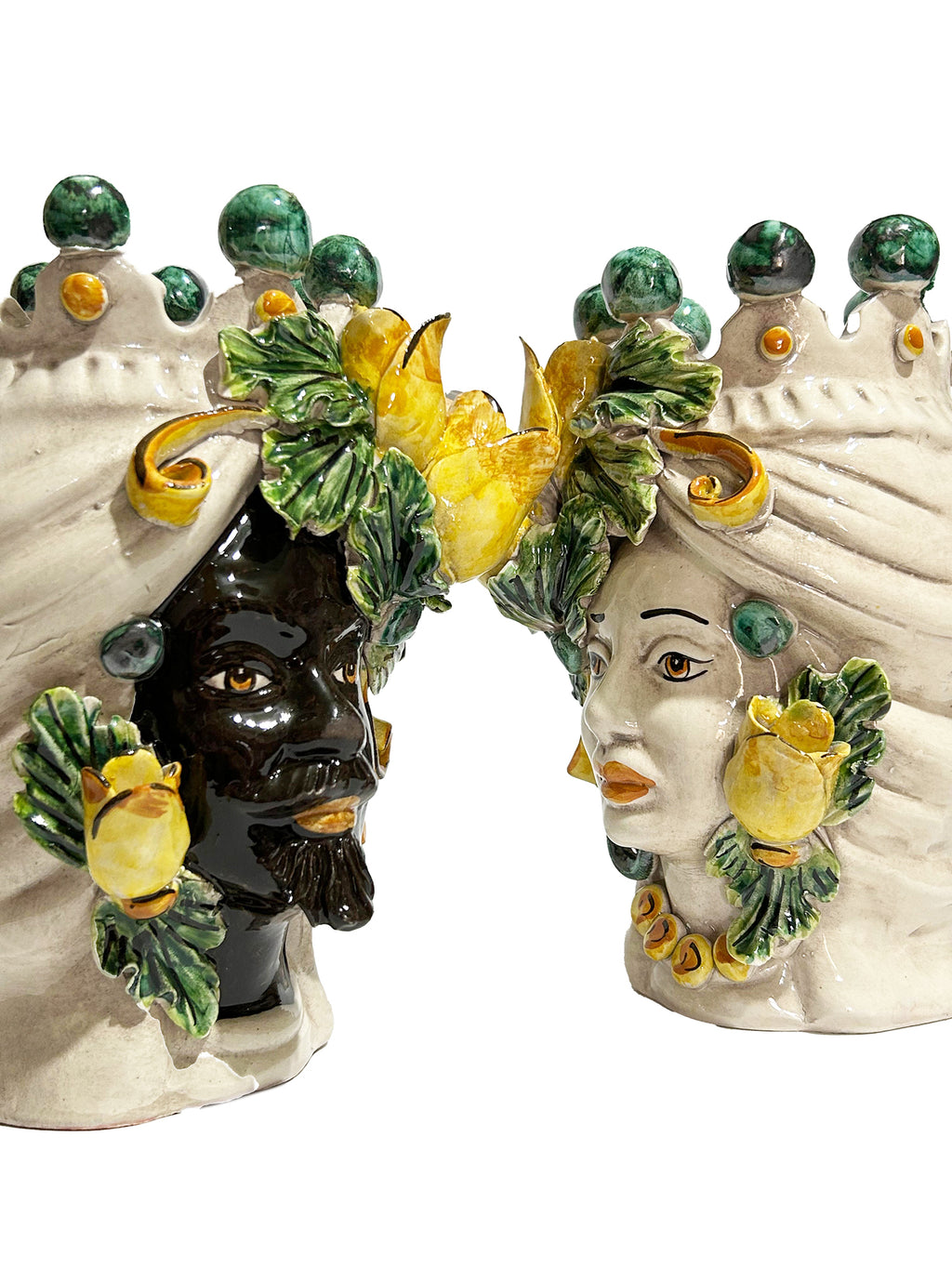 Pair of Sicilian ceramic Moor's heads from Caltagirone h 20 cm art. yellow tulips 