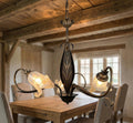 Lampadario a 3 luci classico in ferro battuto e vetro realizzato e decorato artigianalmente coll. scott