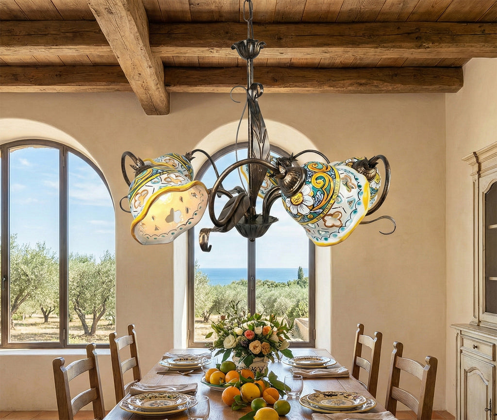 Lampadario a 5 luci in ferro battuto e ceramica realizzato e decorato artigianalmente coll. gomes