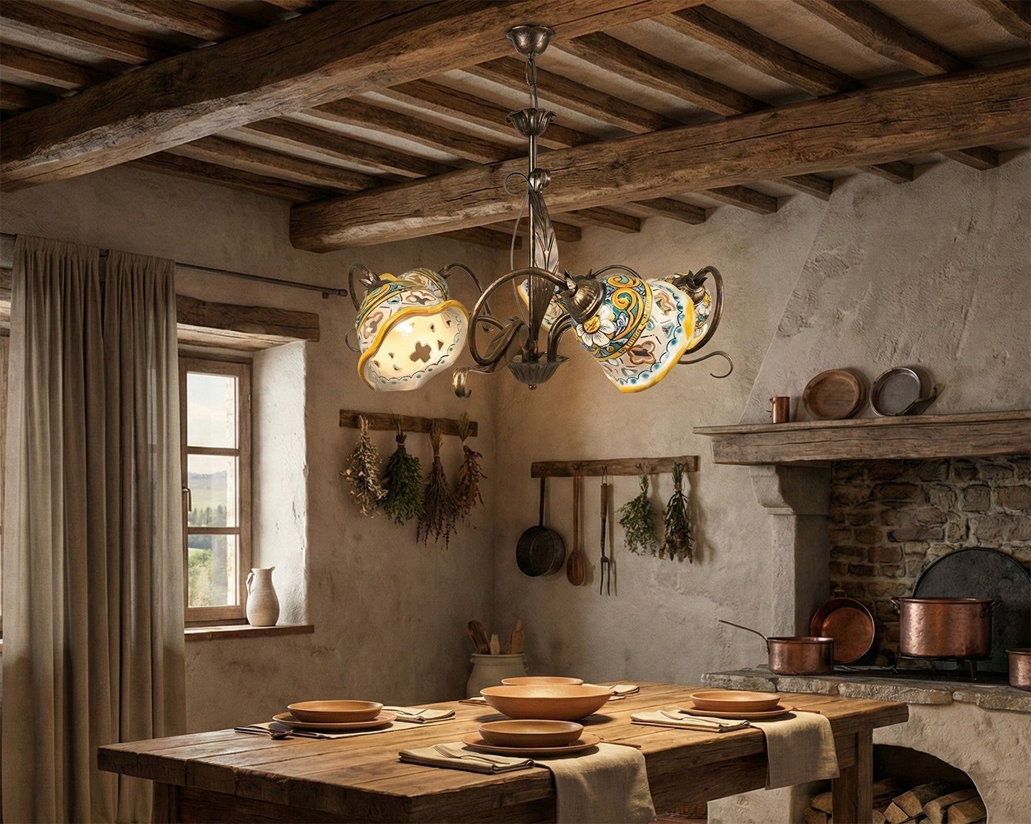 Lampadario a 5 luci in ferro battuto e ceramica realizzato e decorato artigianalmente coll. gomes