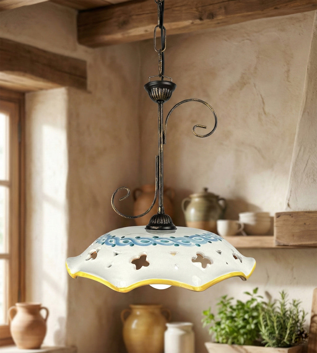 Lampadario a sospensione 1 luce in ferro battuto e ceramica siciliana coll. gomes