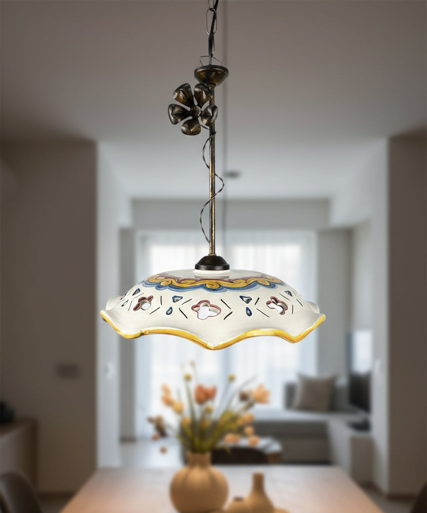 Lampadario a sospensione 1 luce rustico in ferro battuto e ceramica realizzato e decorato artigianalmente ingresso cucina coll. candida