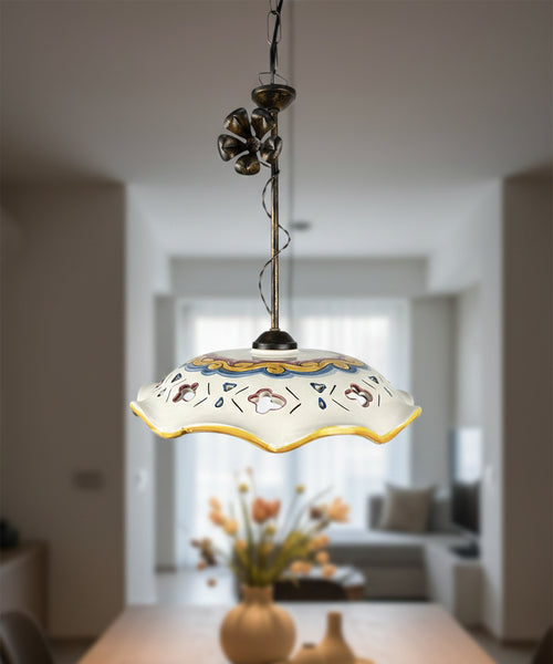Lampadario a sospensione 1 luce rustico in ferro battuto e ceramica realizzato e decorato artigianalmente ingresso cucina coll. candida