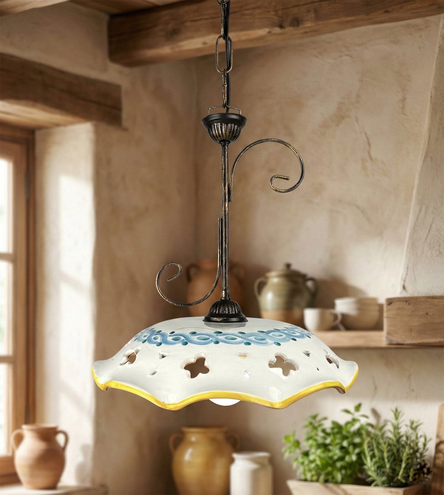 Lampadario a sospensione 1 luce rustico in ferro battuto e ceramica realizzato e decorato artigianalmente ingresso cucina coll. gomes