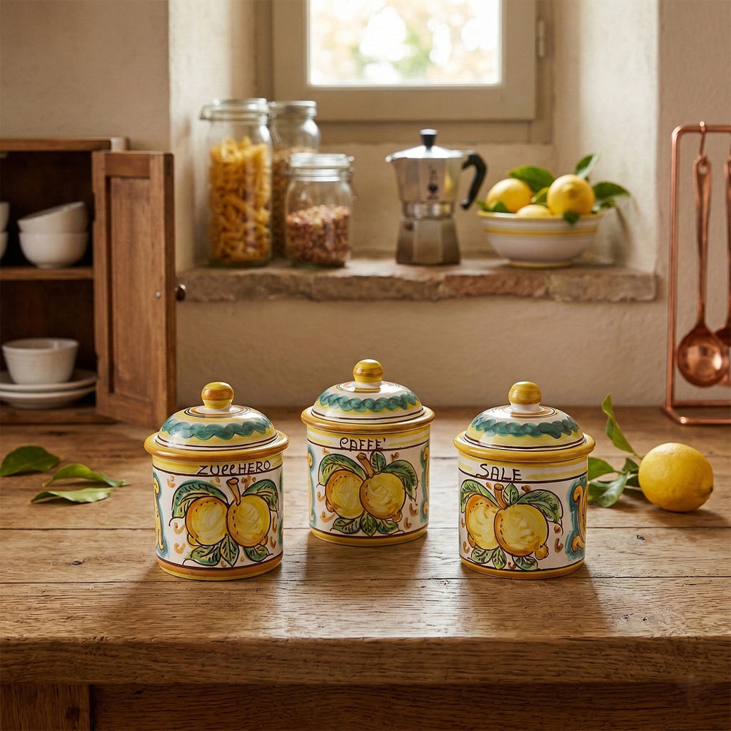 Tris 3 barattoli sale zucchero e caffè in ceramica decorata a mano da ceramisti siciliani limoni art 8