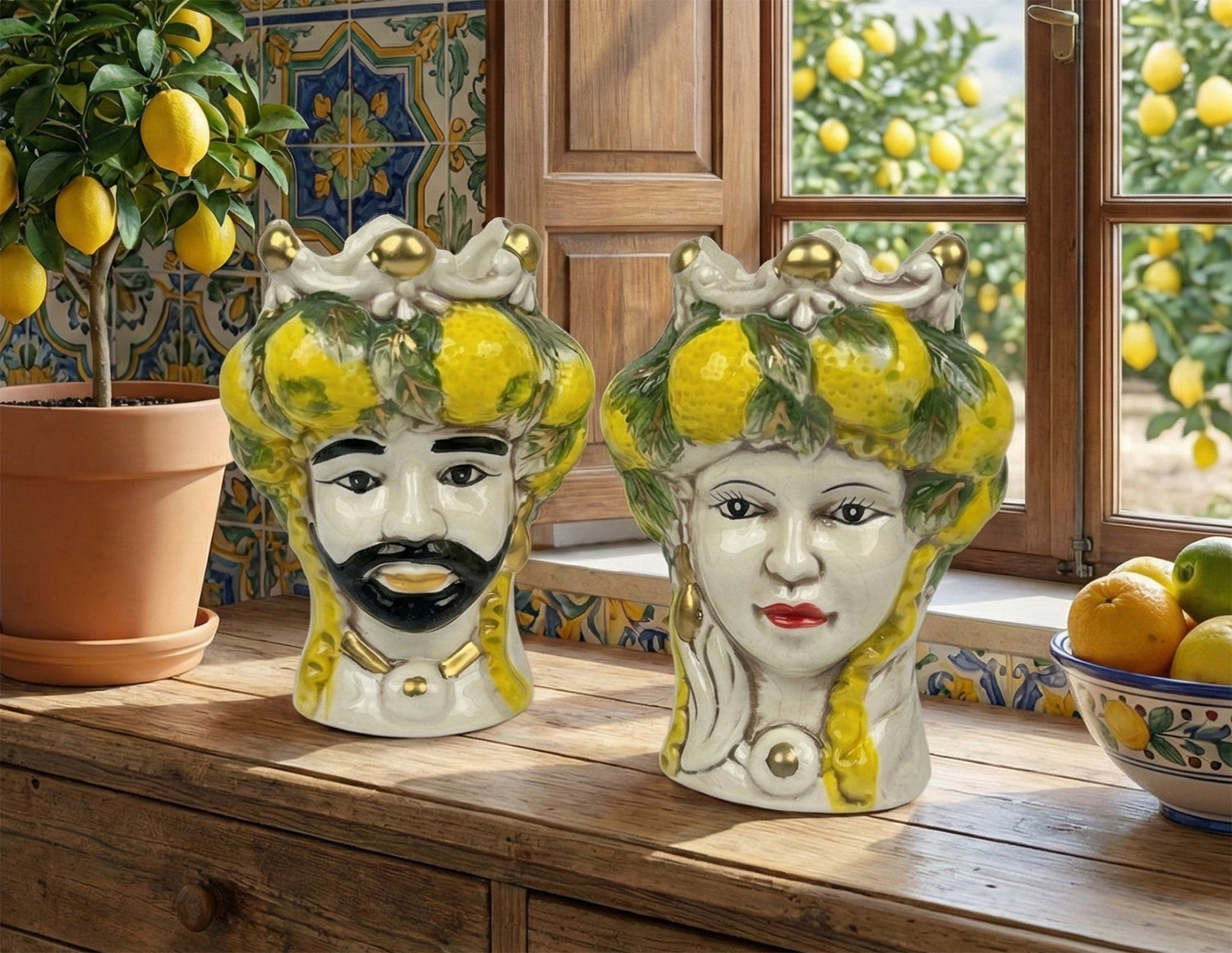 ILAB Pair of Moorish Heads Queen and King in Sicilian Ceramic Hand Decorated Blue and Gold Modern gic h25cm 