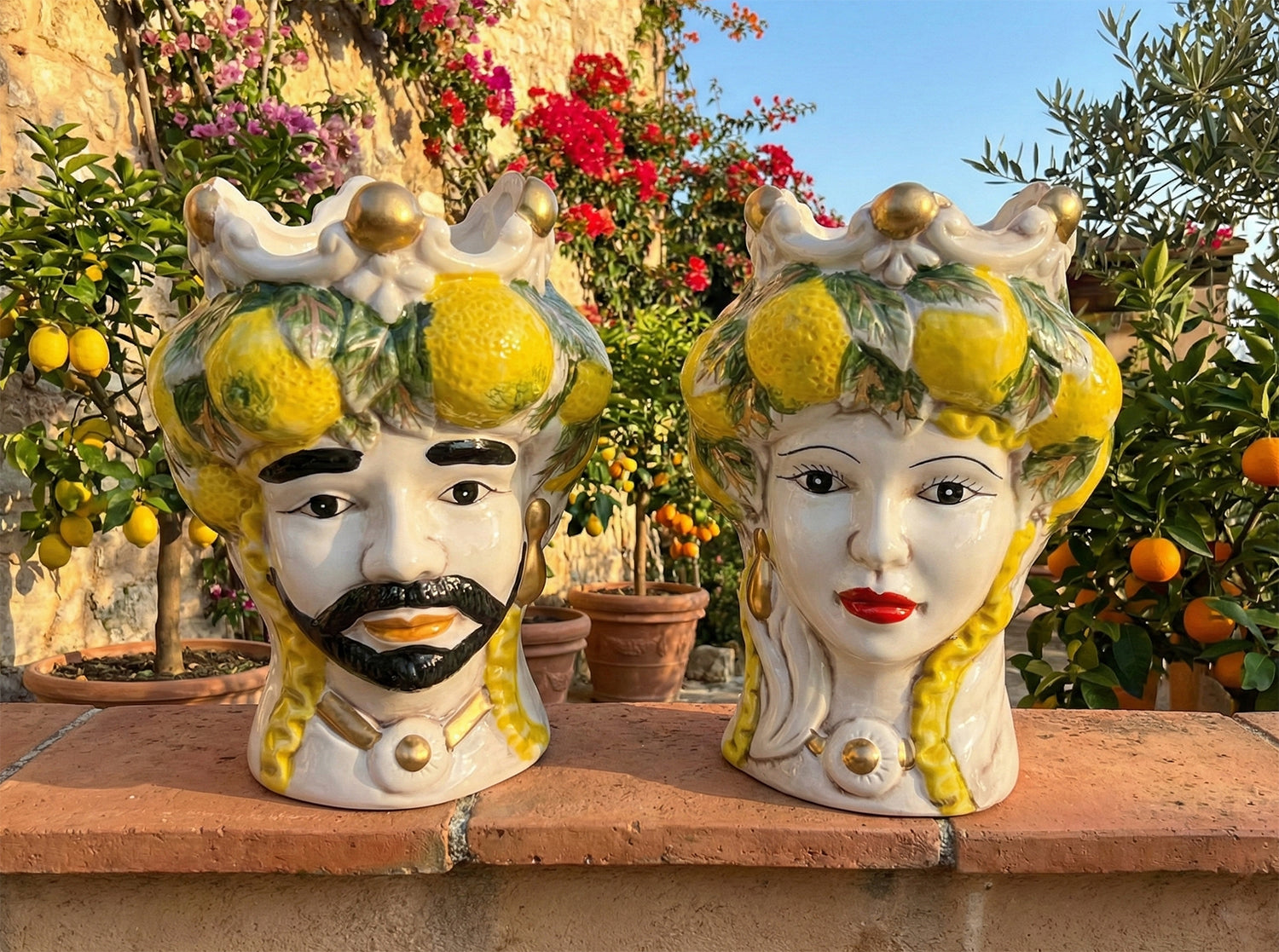 ILAB Pair of Moorish Heads Queen and King in Sicilian Ceramic Hand Decorated Blue and Gold Modern gic h25cm 