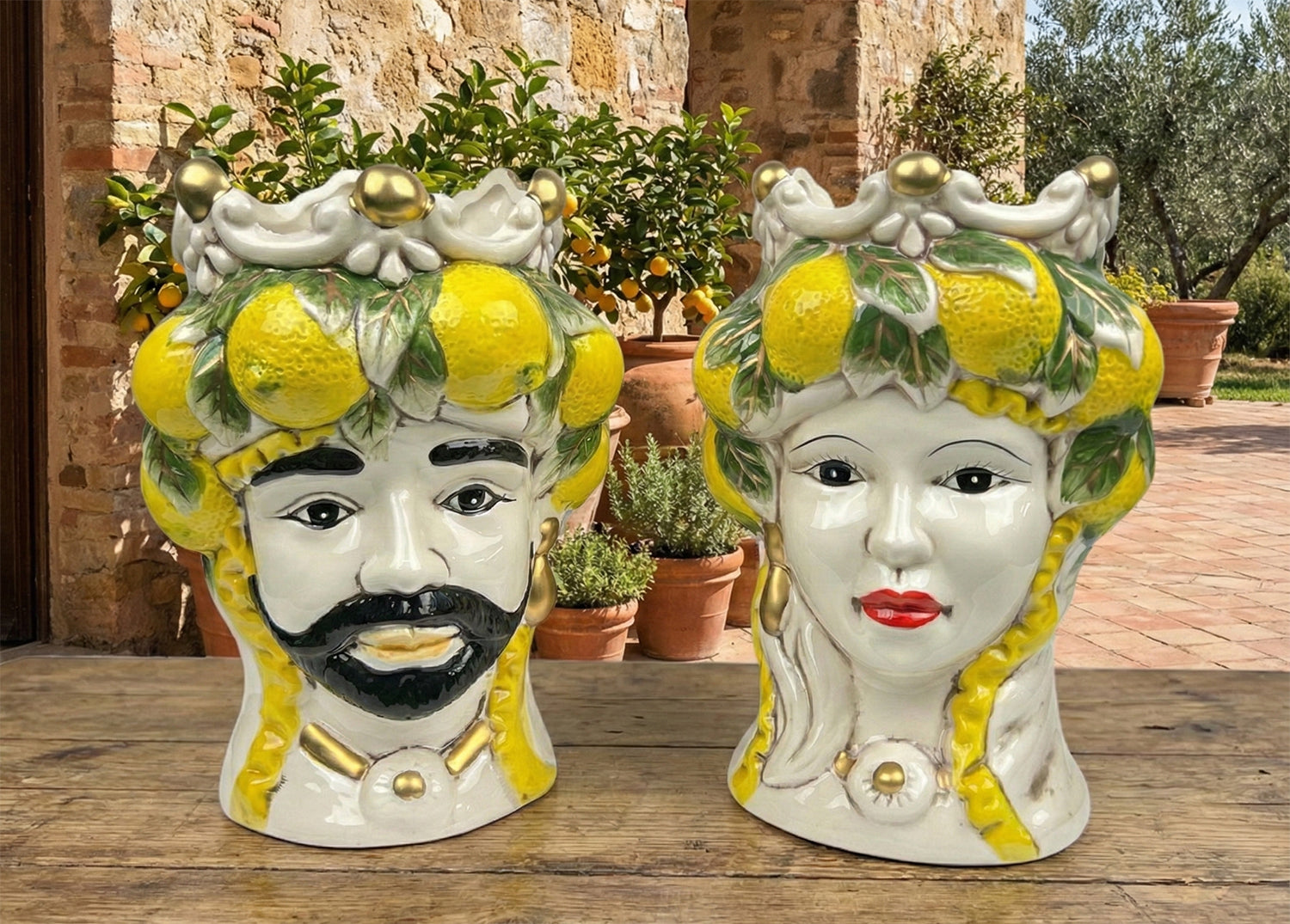 ILAB Pair of Moorish Heads Queen and King in Sicilian Ceramic Hand Decorated Blue and Gold Modern gic h25cm 