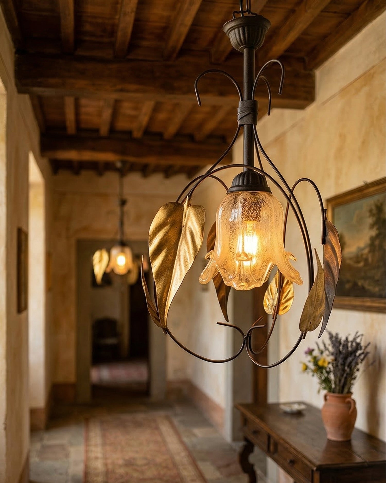 Lampadario a Sospensione ingresso 1 Luce in ferro battuto e vetro, per Cucina, Bagno, Camera, Soggiorno, Scala, Corridoio art. lisa