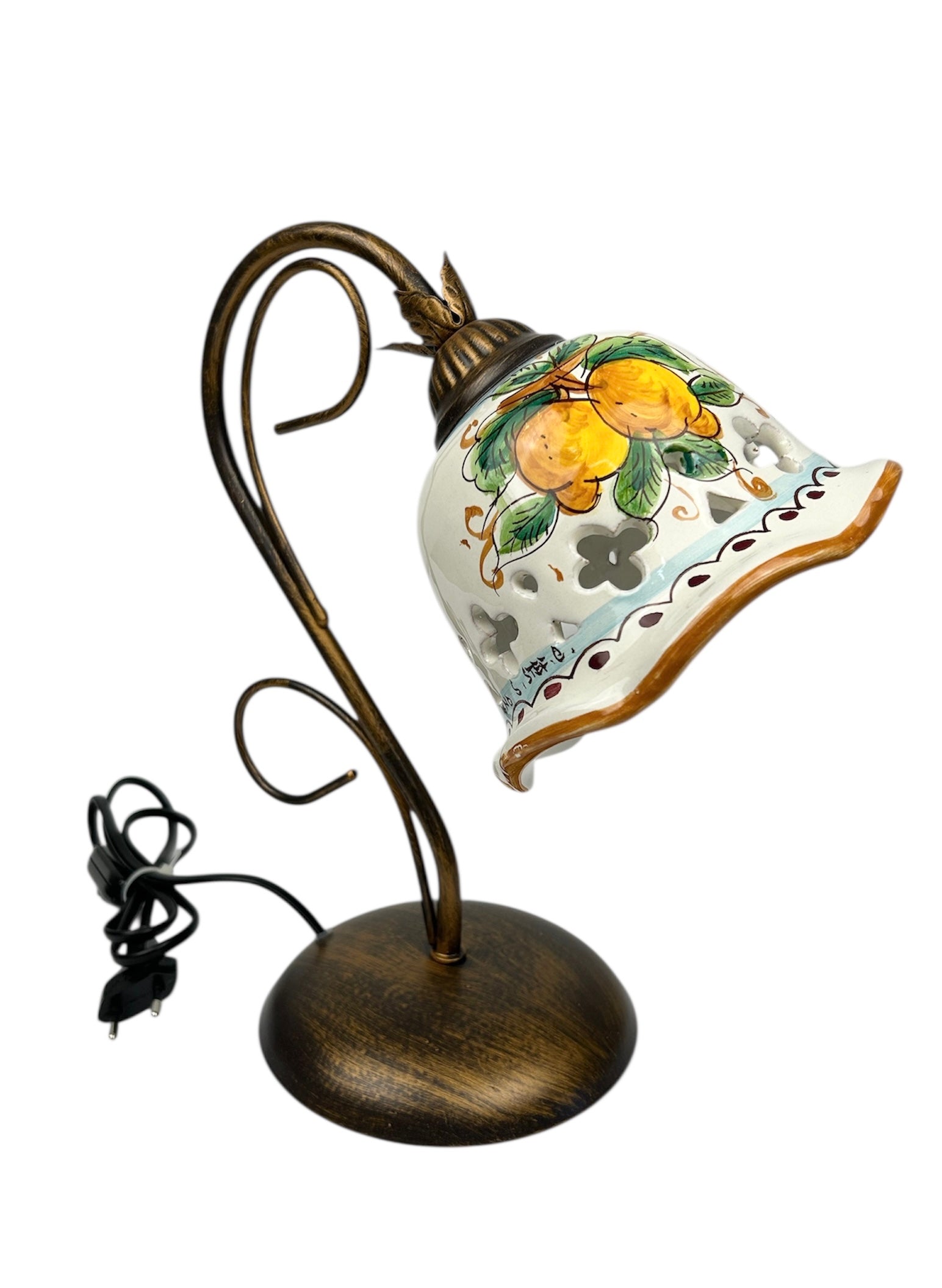 Lumetto lampada da comodino a 1 luce in ferro battuto e ceramica realizzata e decorata artigianalmente a mano art. limoni