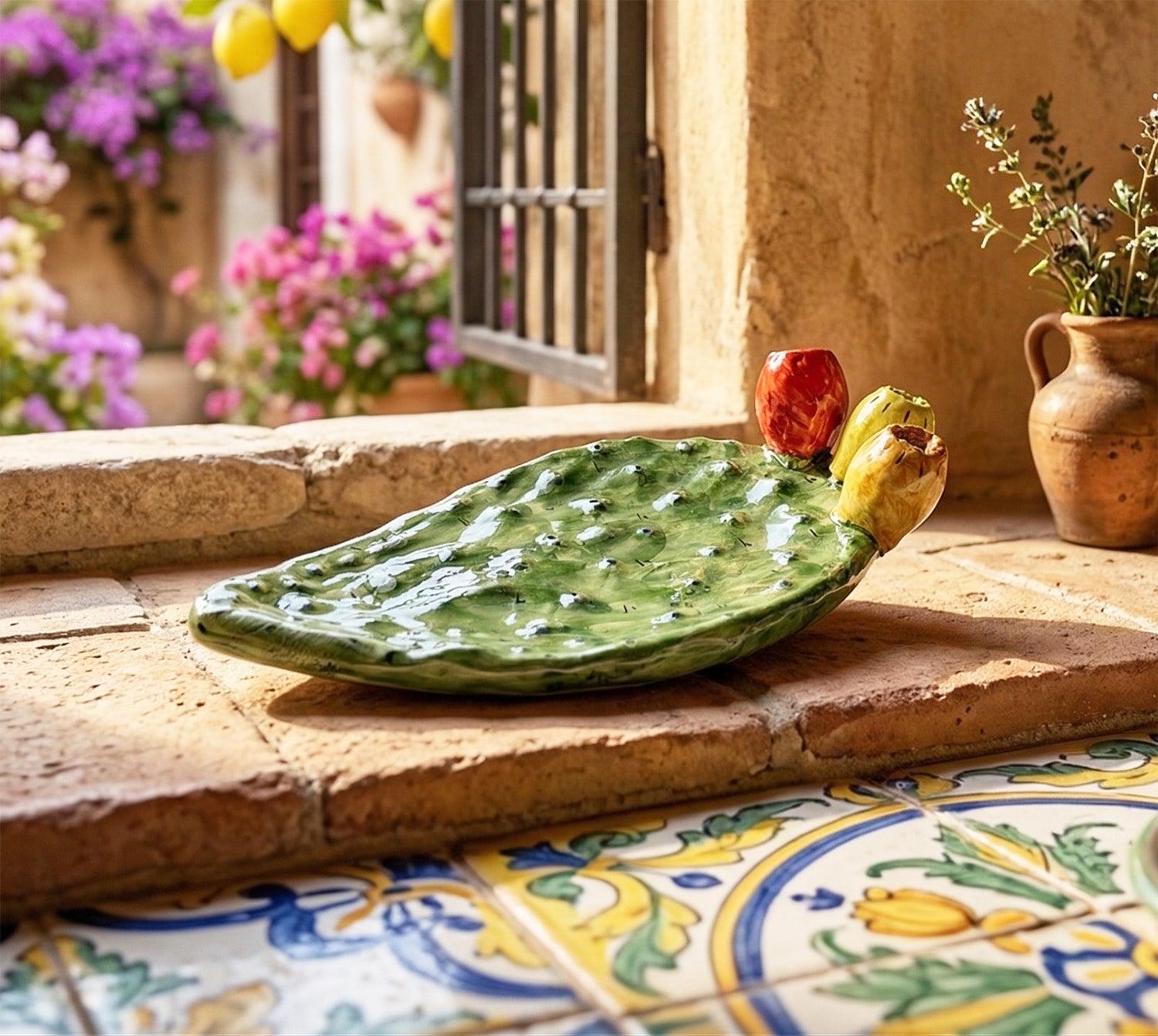 Svuota tasche pala ficodindia in ceramica siciliana di Caltagirone decorata a mano