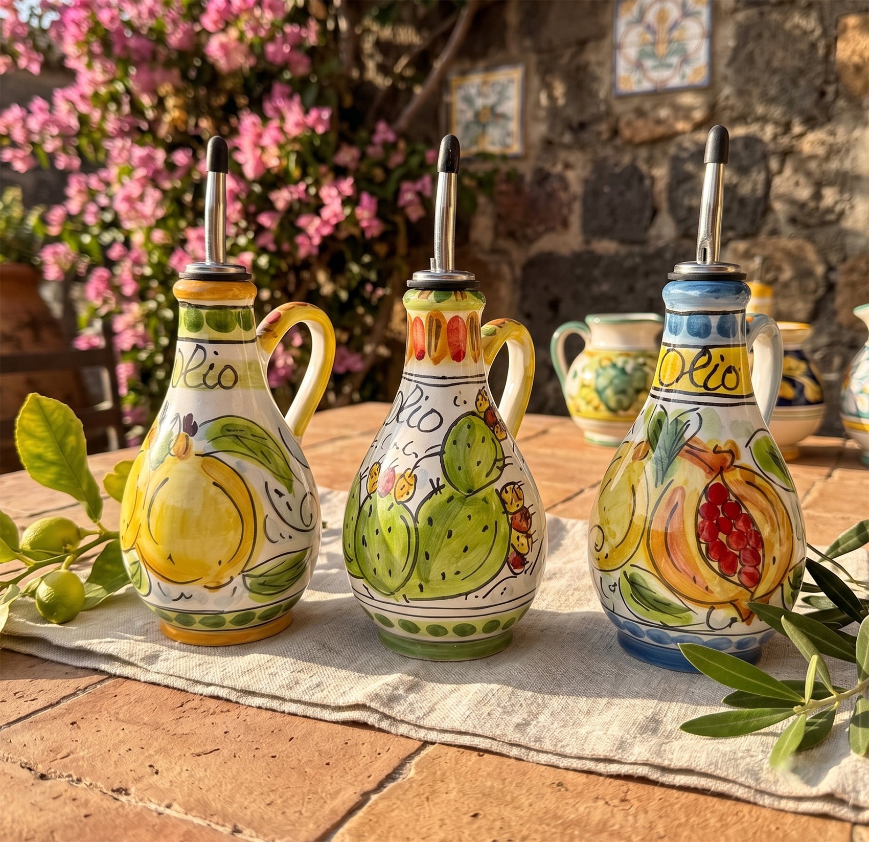 Oliera in ceramica siciliana di Caltagirone decorata a mano con manico