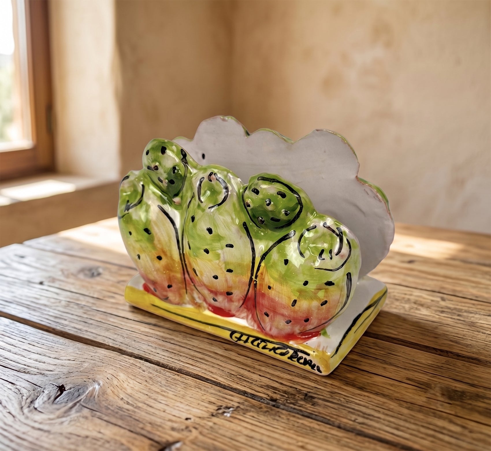 Portatovaglioli in ceramica siciliana di Caltagirone decorato a mano ficodindia